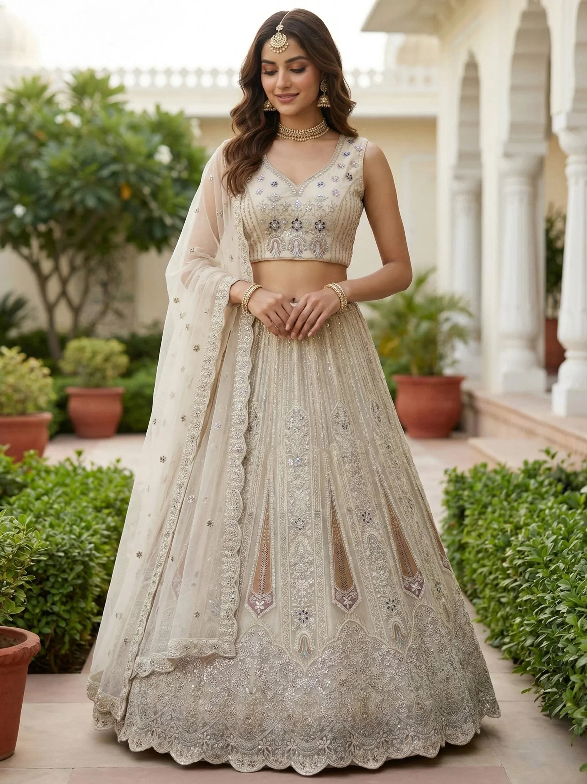 White Stylish Dori Embroidered Net Reception Wear Lehenga Choli