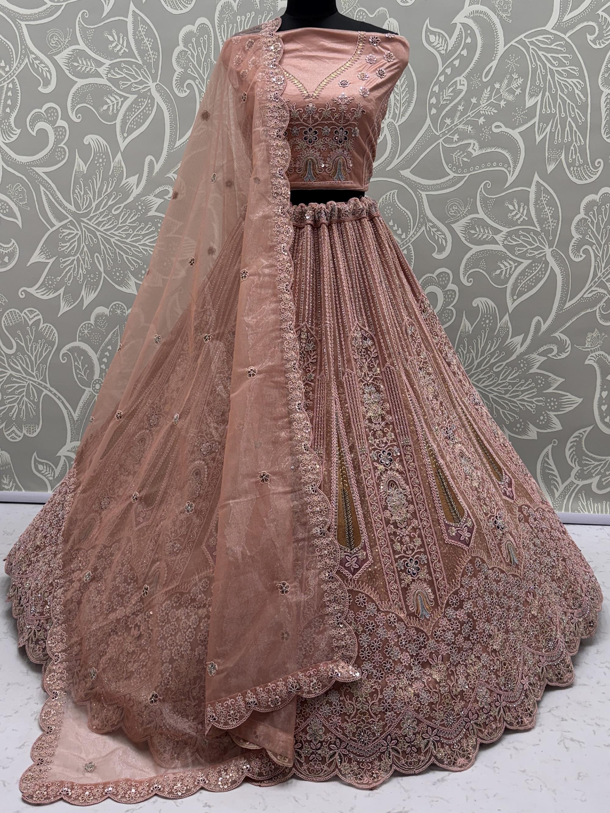 Peach Stylish Dori Embroidered Net Reception Wear Lehenga Choli