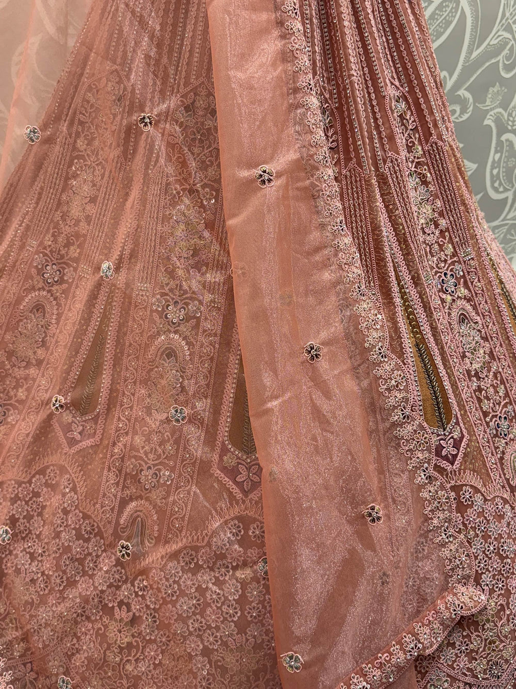 Peach Stylish Dori Embroidered Net Reception Wear Lehenga Choli