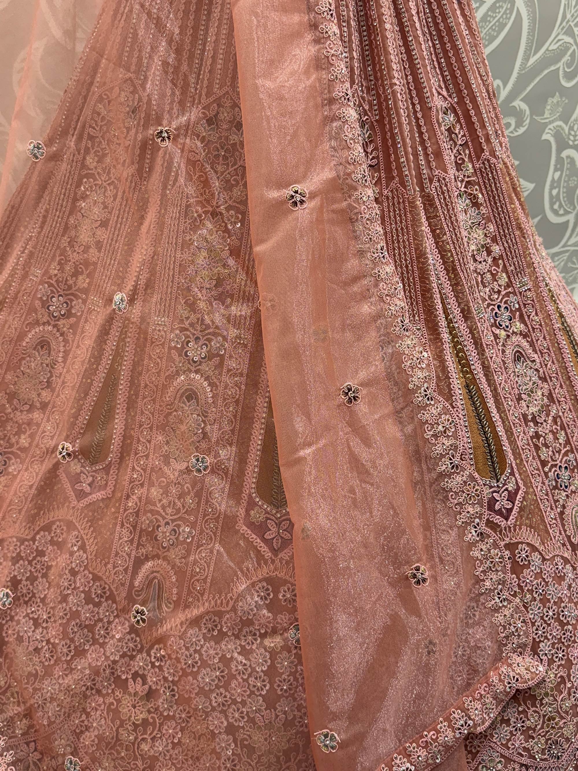 Peach Stylish Dori Embroidered Net Reception Wear Lehenga Choli