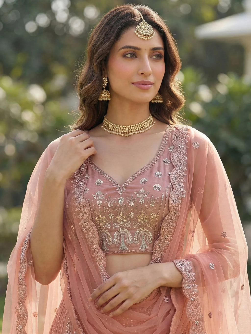 Peach Stylish Dori Embroidered Net Reception Wear Lehenga Choli
