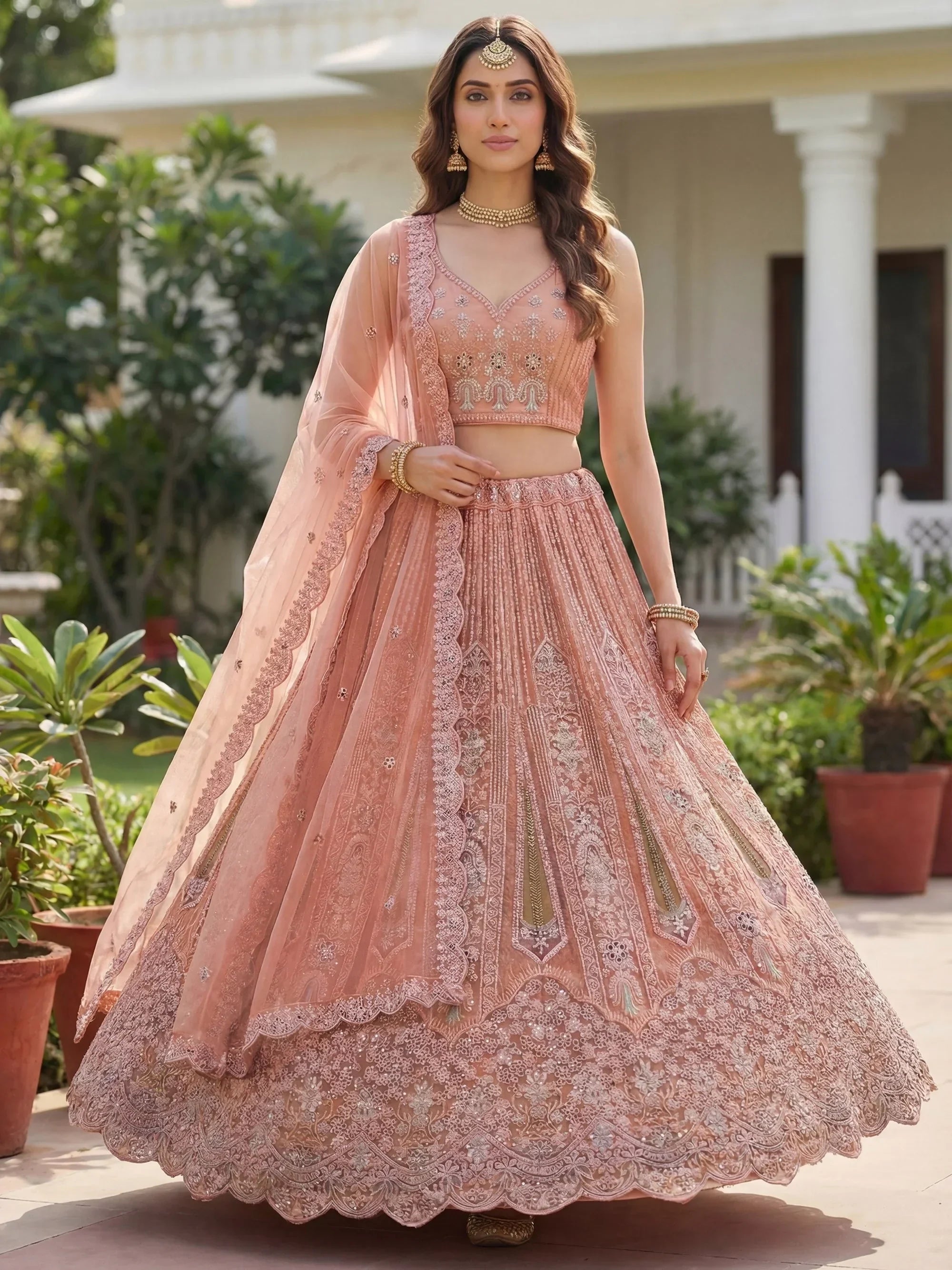 Peach Stylish Dori Embroidered Net Reception Wear Lehenga Choli