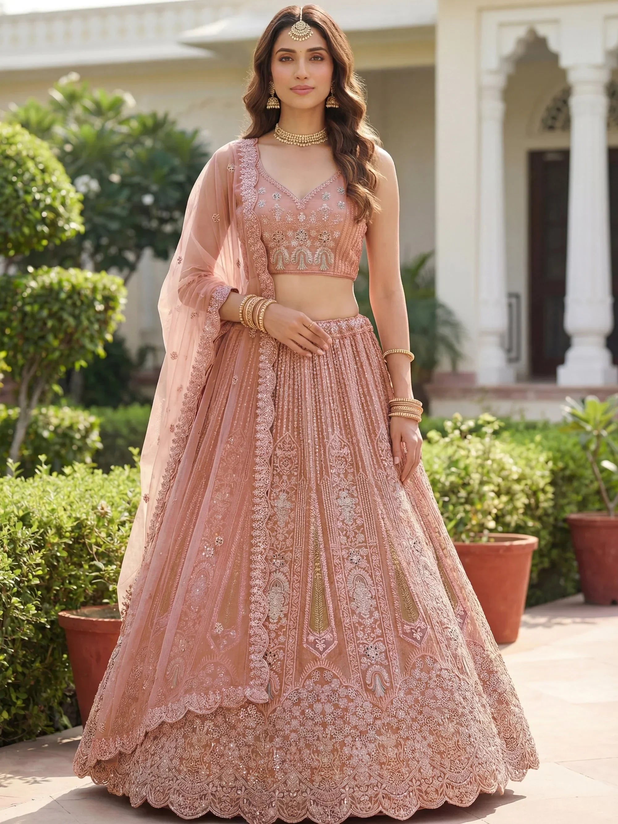 Peach Stylish Dori Embroidered Net Reception Wear Lehenga Choli