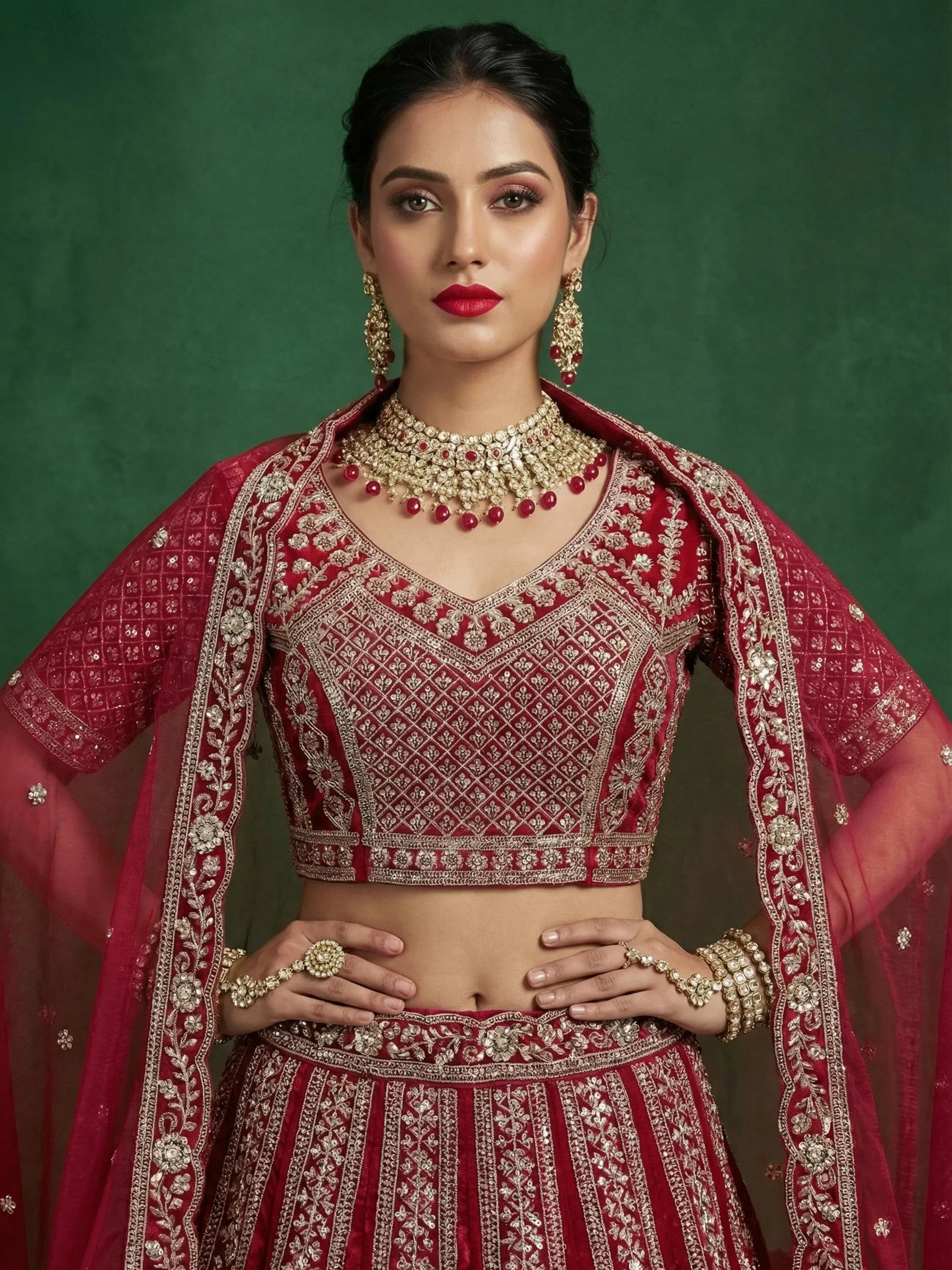 Red Alluring Dori Embroidered Satin Bridal Lehenga Choli