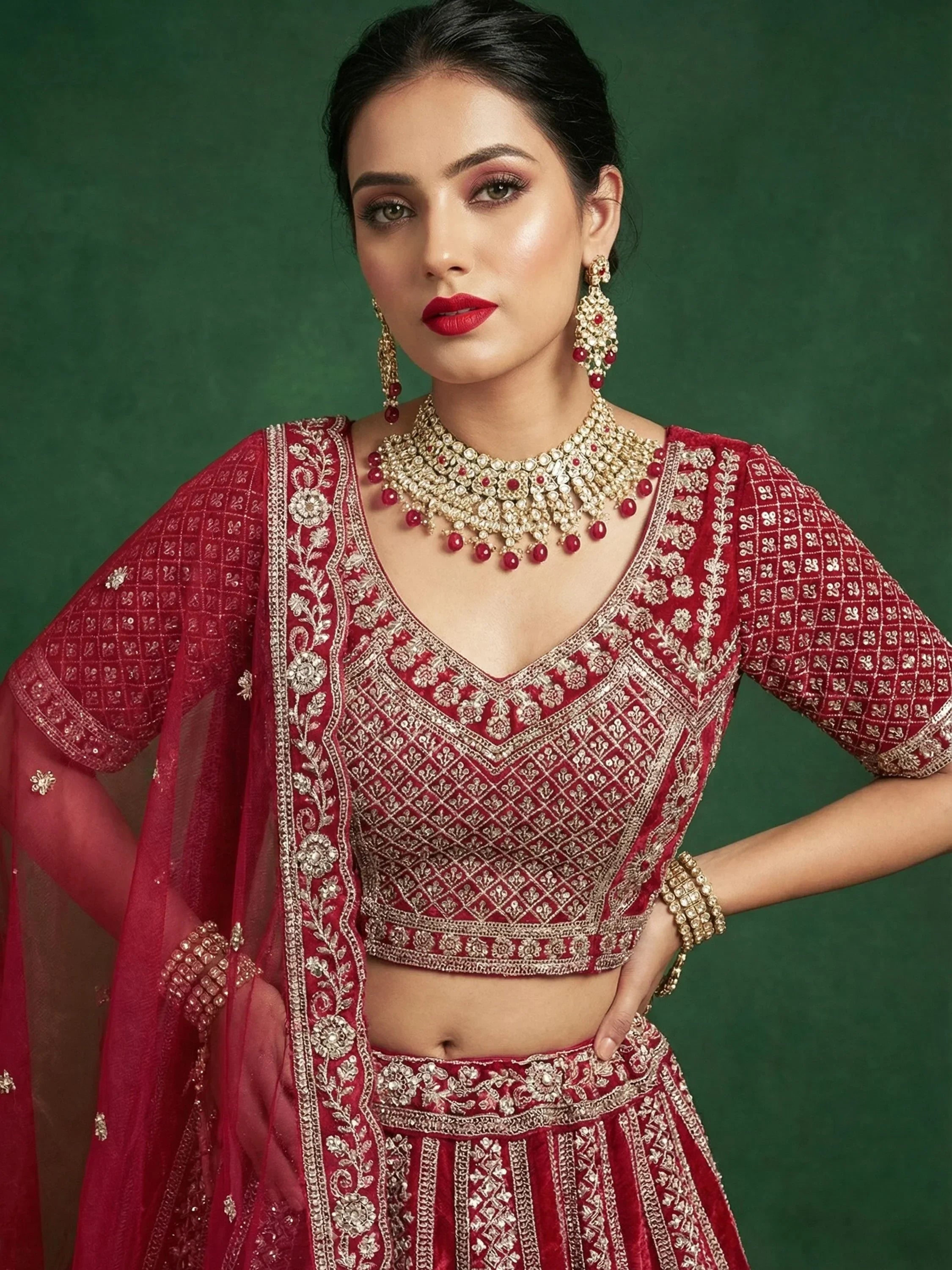 Red Alluring Dori Embroidered Satin Bridal Lehenga Choli