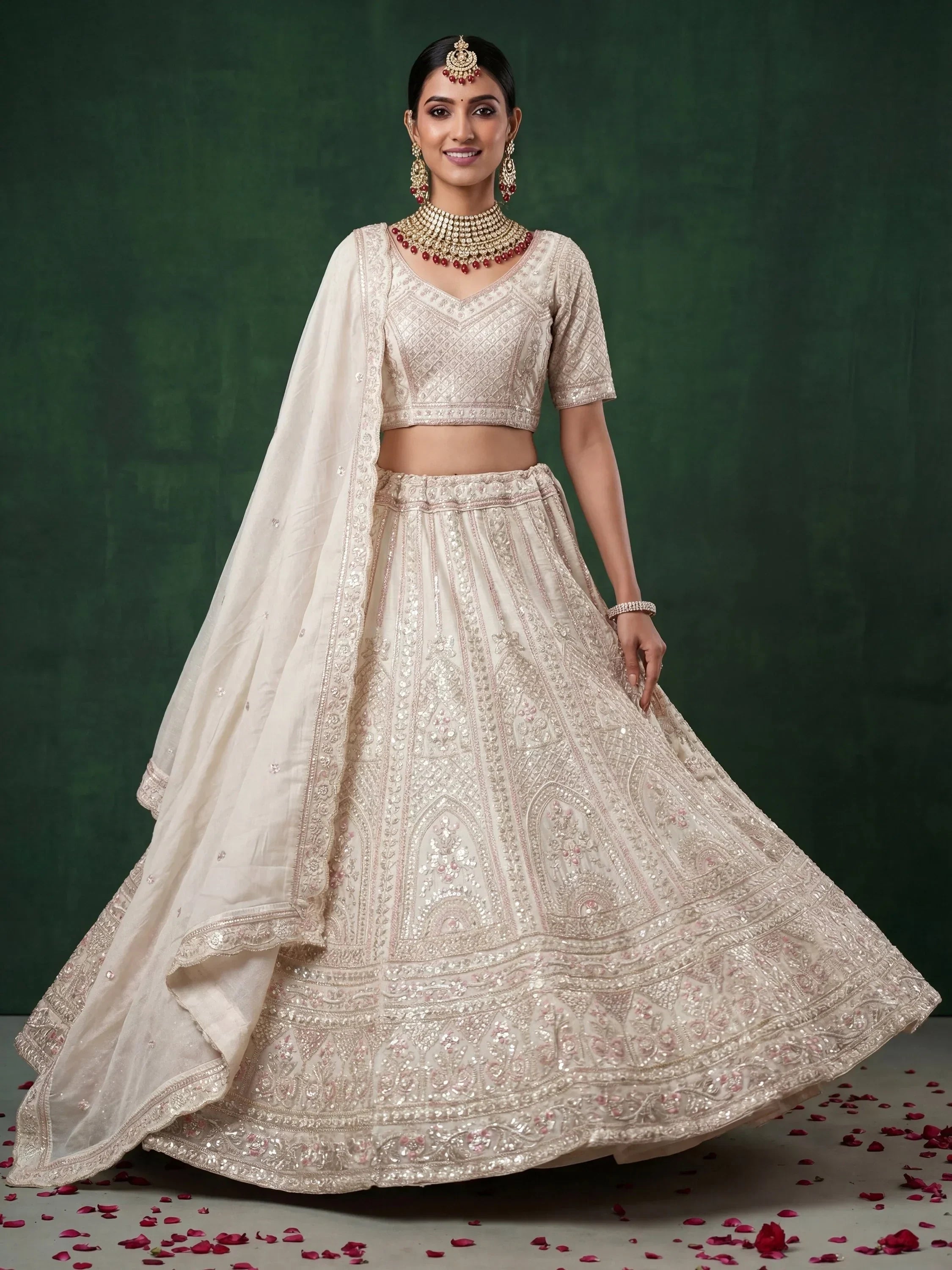 Off White Alluring Dori Embroidered Satin Bridal Lehenga Choli