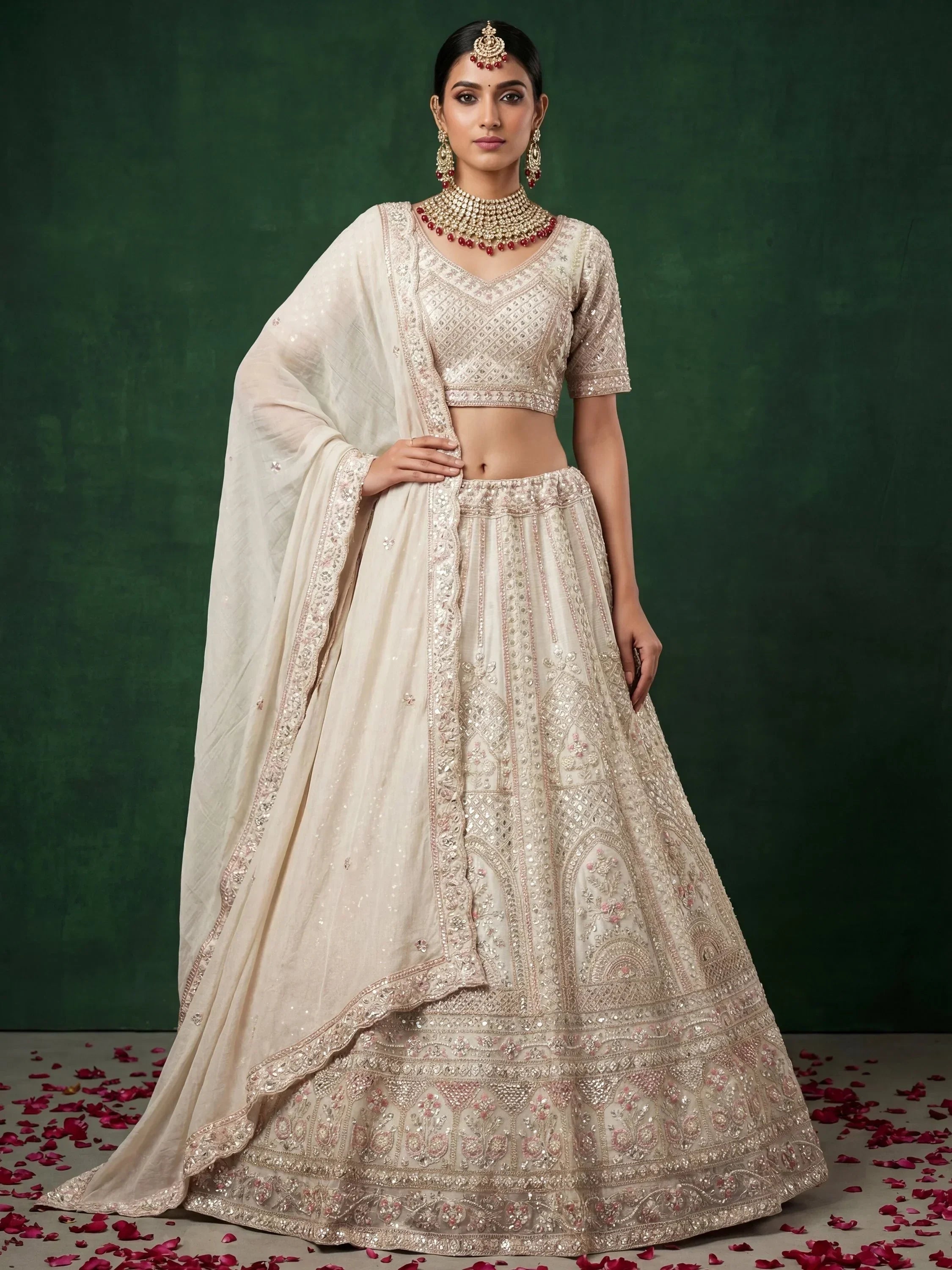 Off White Alluring Dori Embroidered Satin Bridal Lehenga Choli