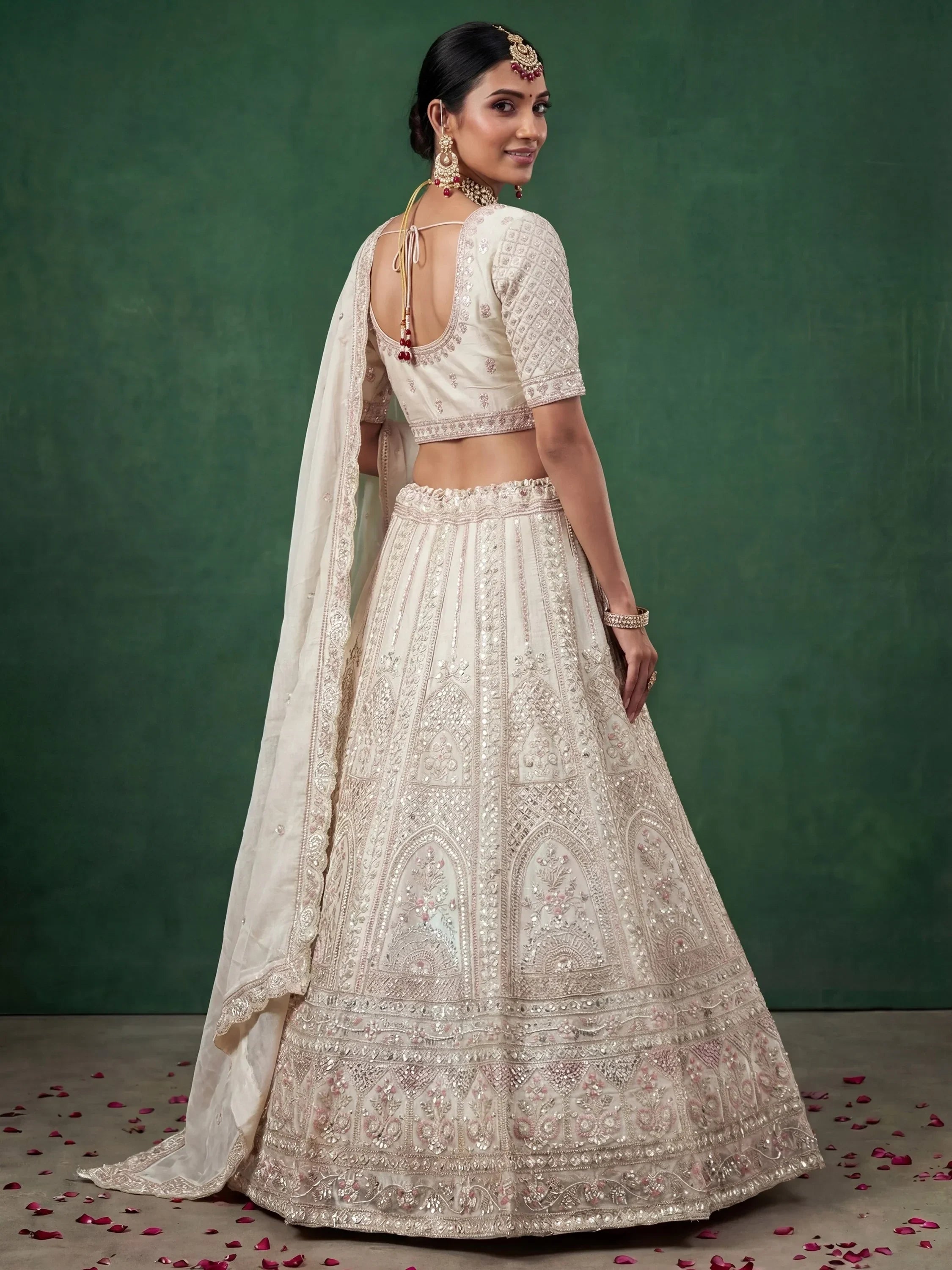 Off White Alluring Dori Embroidered Satin Bridal Lehenga Choli