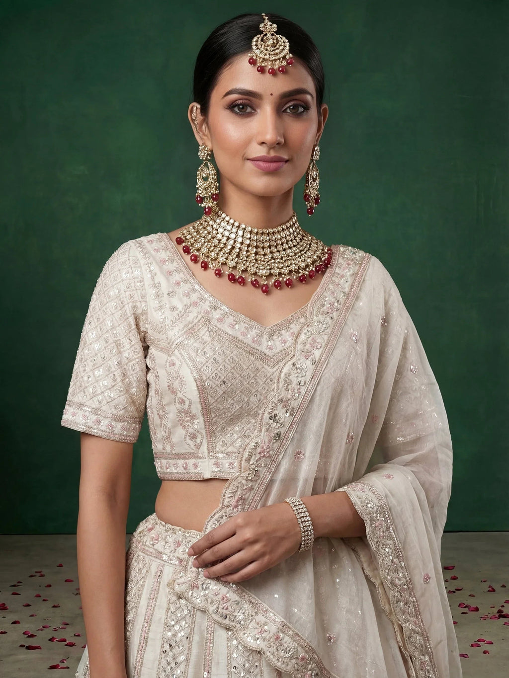 Off White Alluring Dori Embroidered Satin Bridal Lehenga Choli