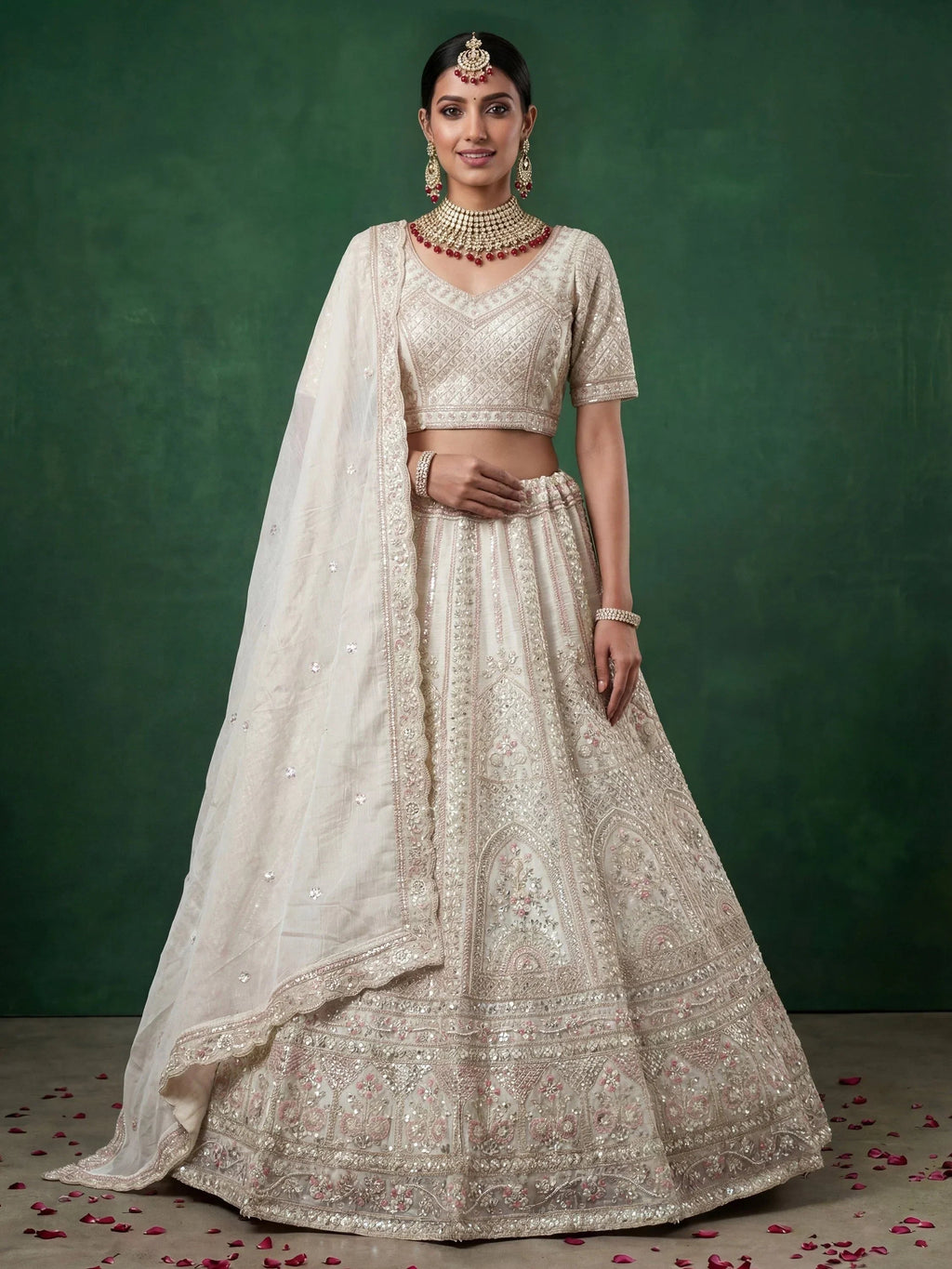 Off White Alluring Dori Embroidered Satin Bridal Lehenga Choli
