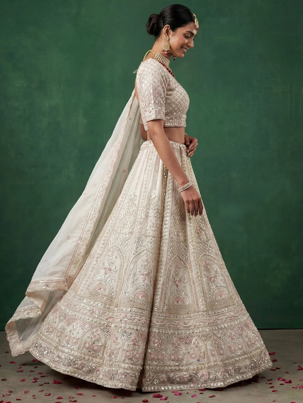 Off White Alluring Dori Embroidered Satin Bridal Lehenga Choli