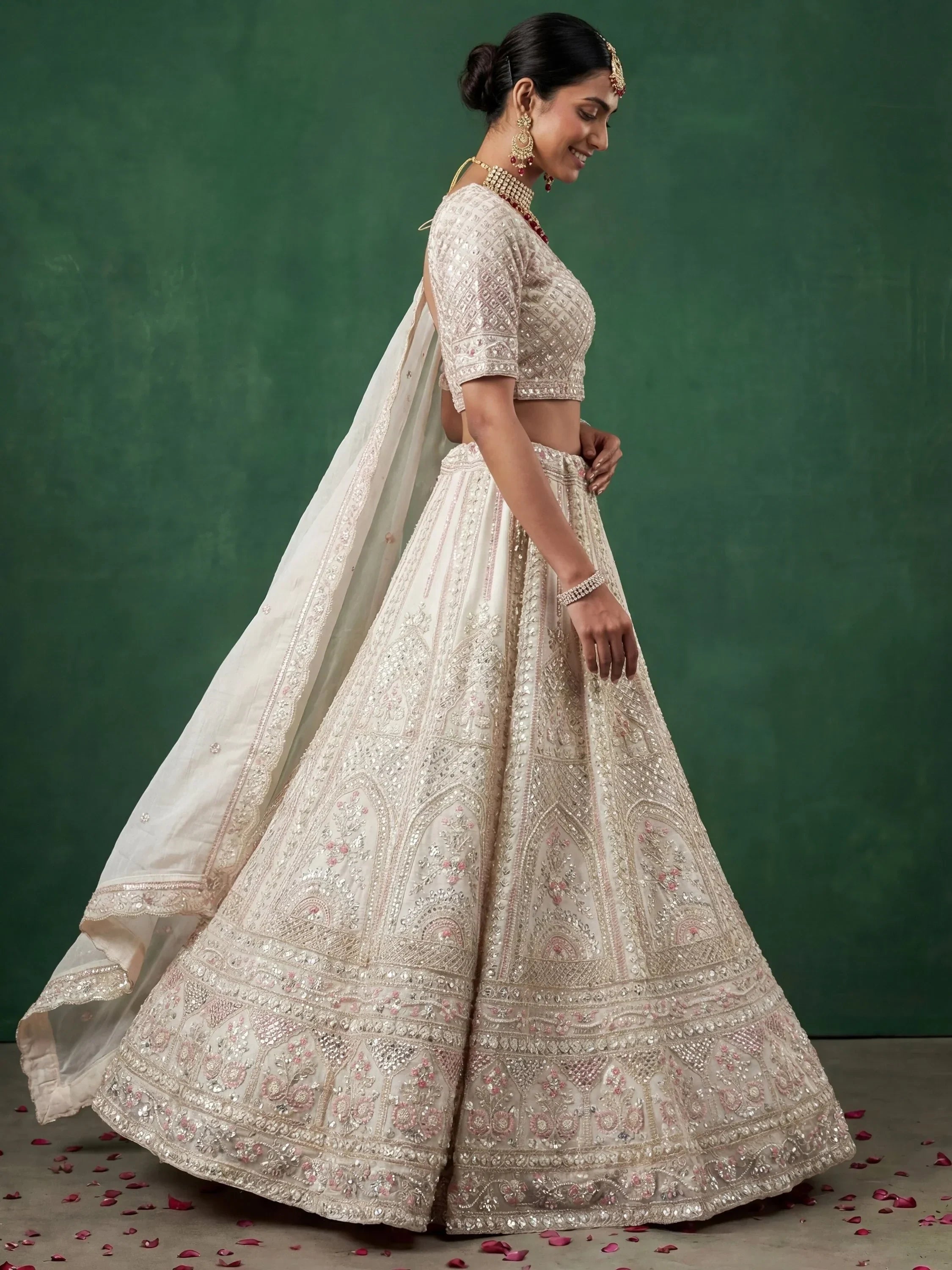 Off White Alluring Dori Embroidered Satin Bridal Lehenga Choli