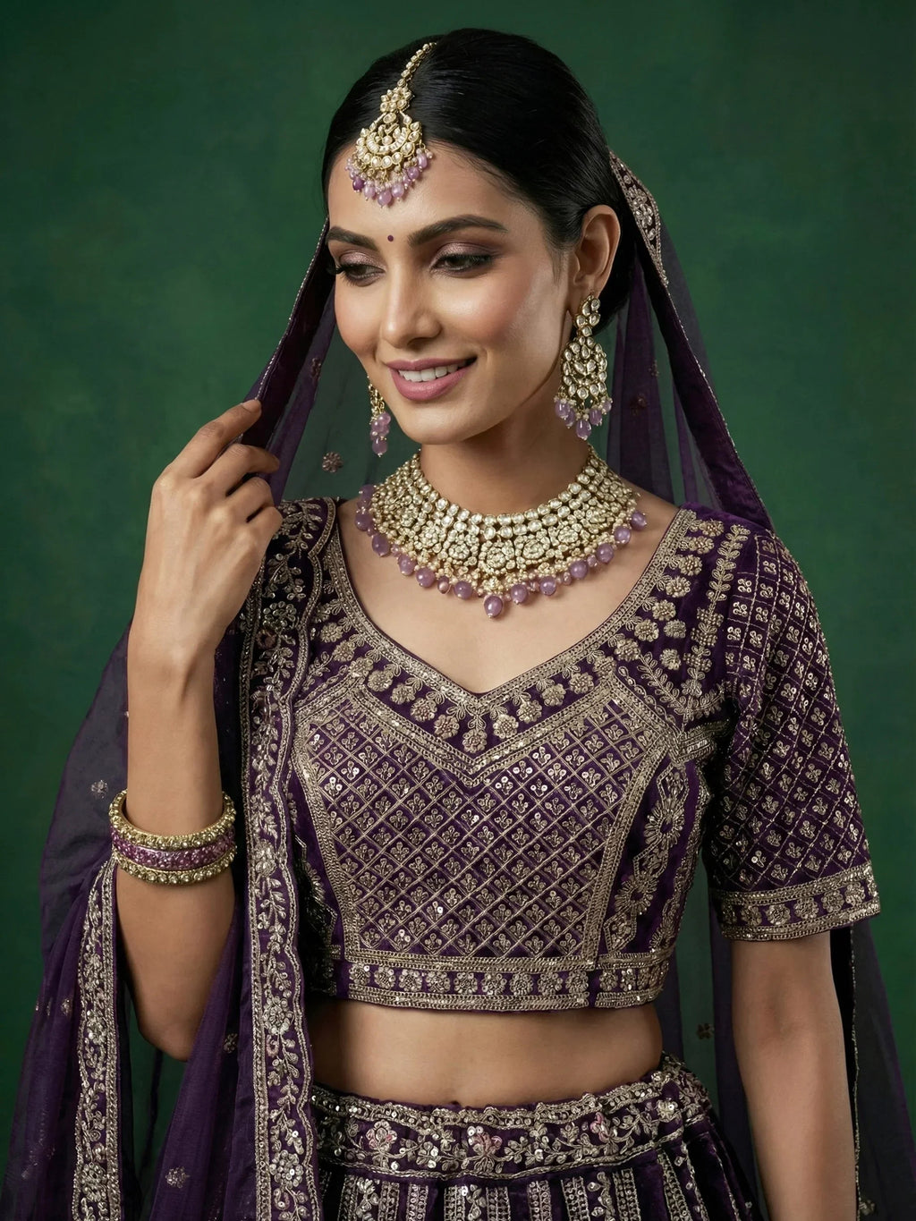 Purple Alluring Dori Embroidered Satin Bridal Lehenga Choli