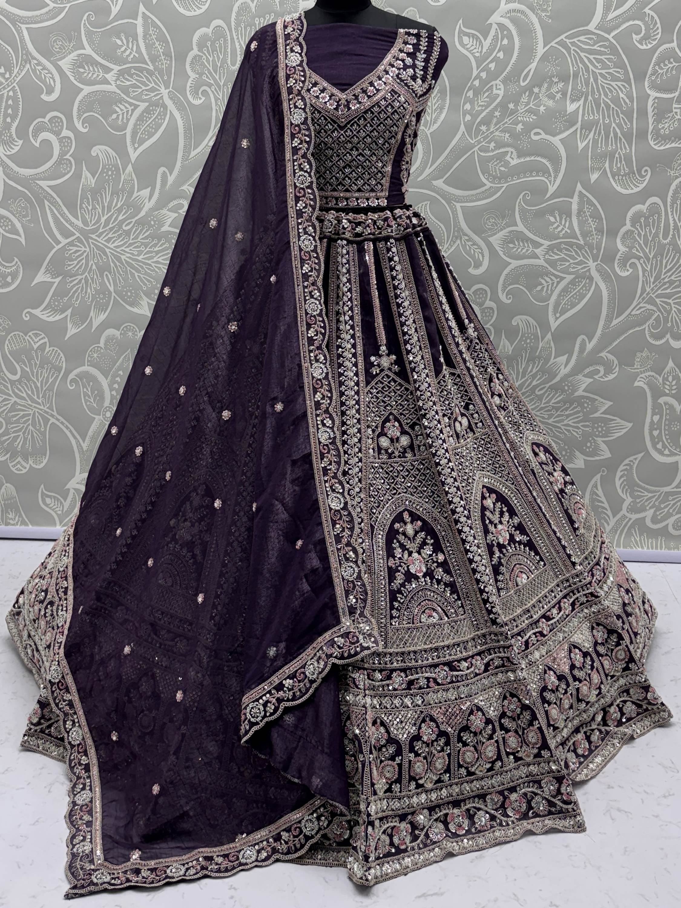 Purple Alluring Dori Embroidered Satin Bridal Lehenga Choli