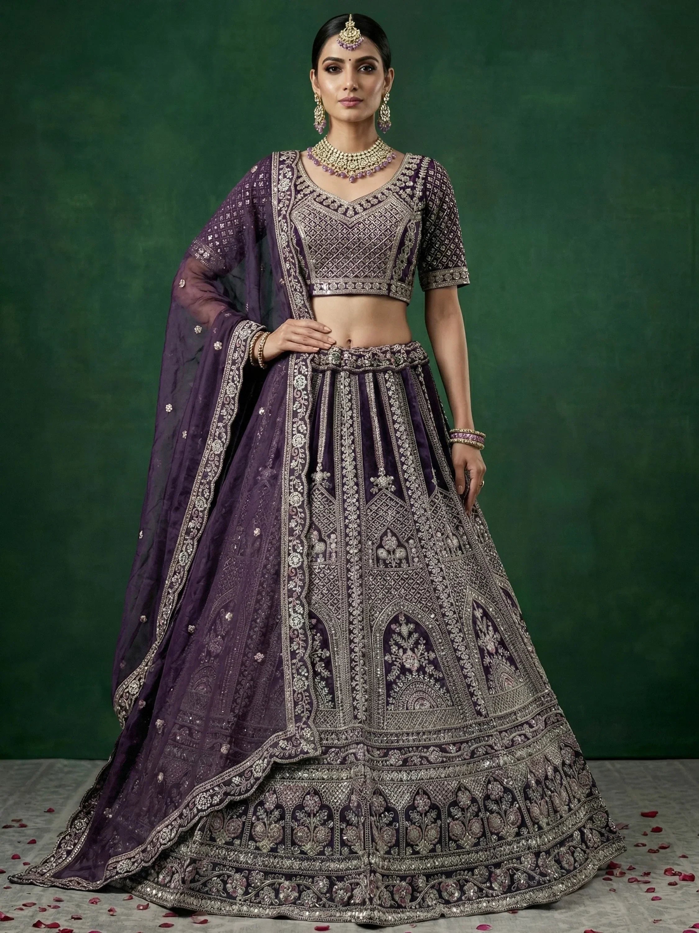Purple Alluring Dori Embroidered Satin Bridal Lehenga Choli