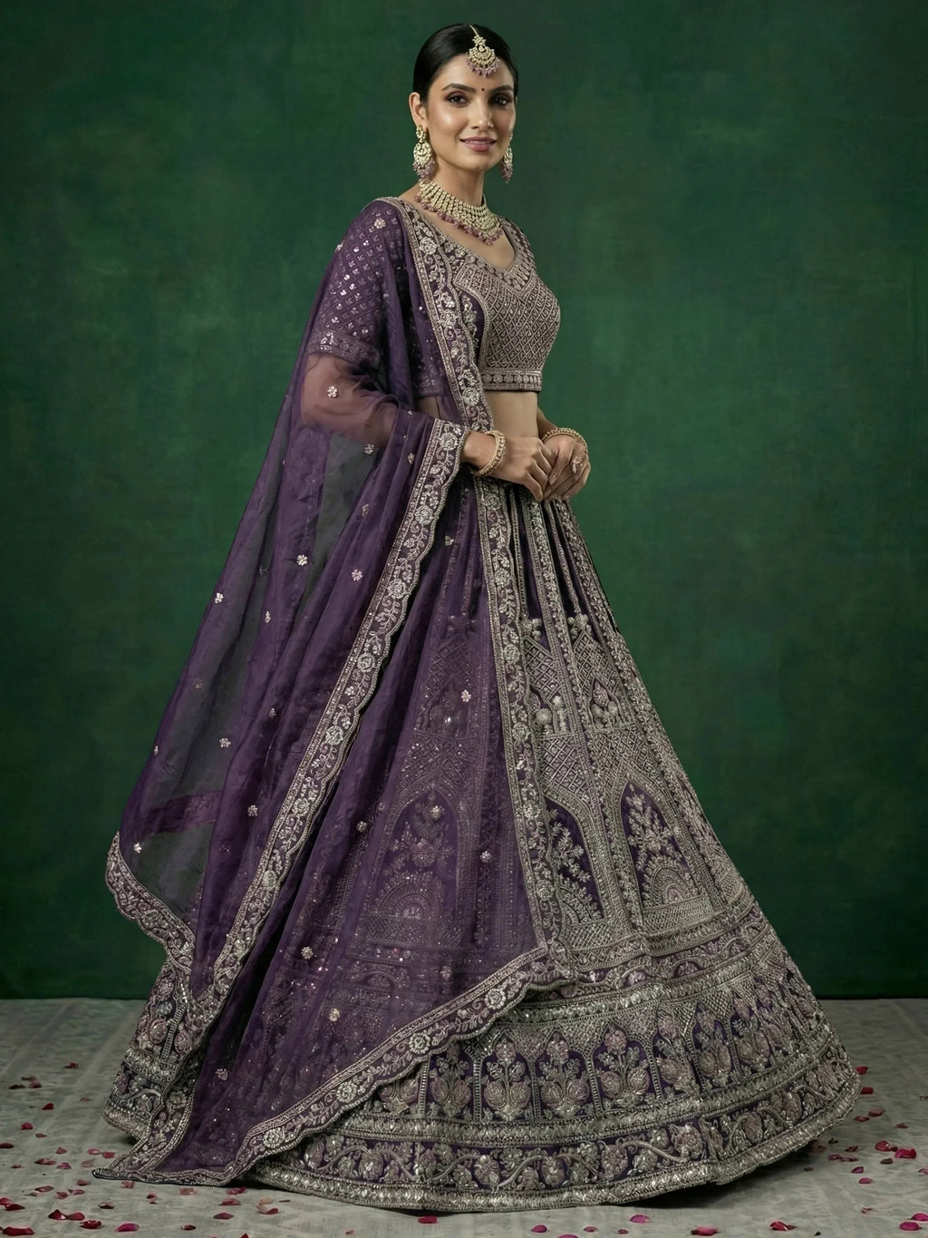 Purple Alluring Dori Embroidered Satin Bridal Lehenga Choli
