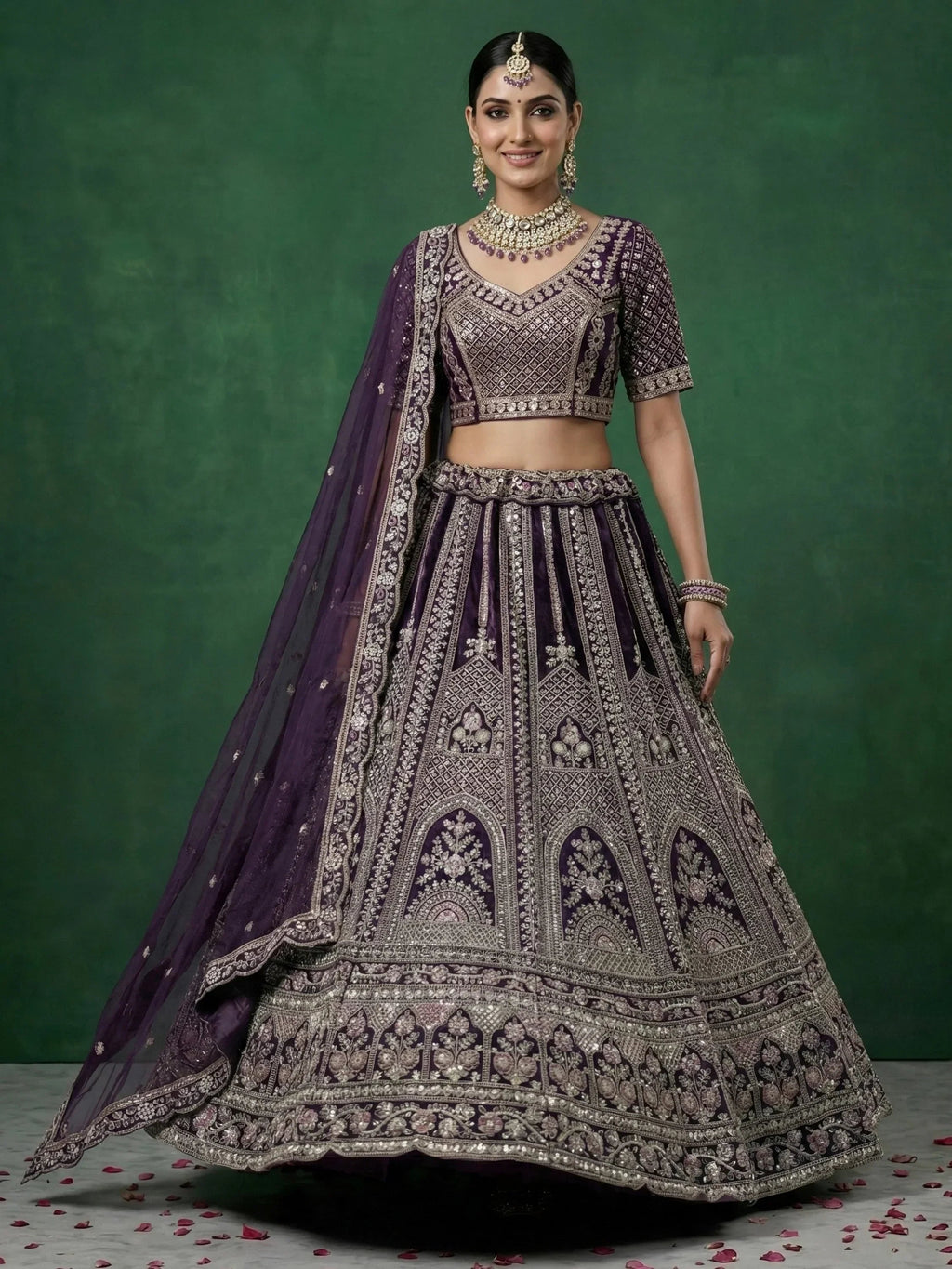 Purple Alluring Dori Embroidered Satin Bridal Lehenga Choli