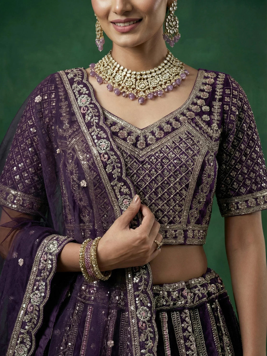 Purple Alluring Dori Embroidered Satin Bridal Lehenga Choli