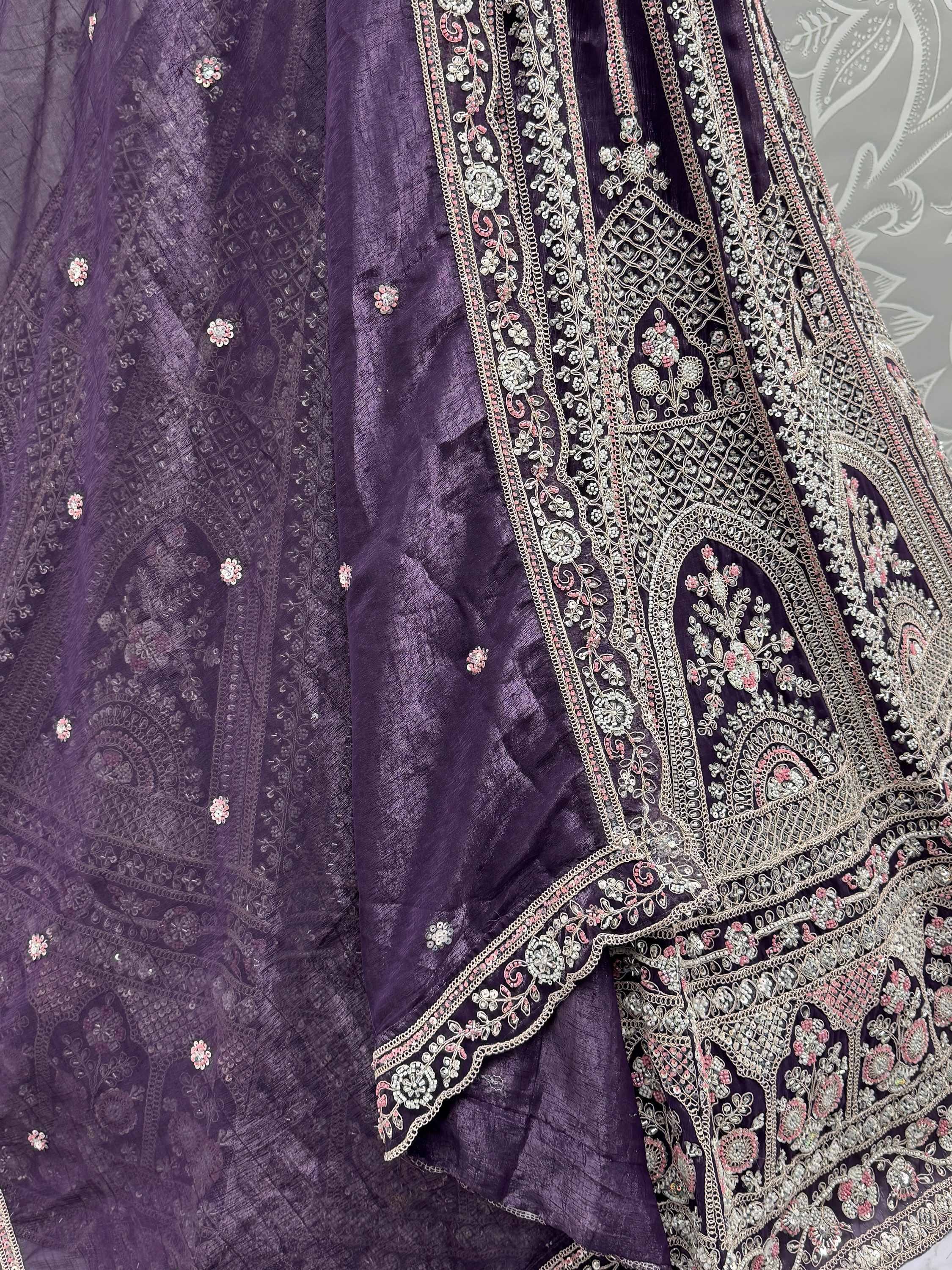 Purple Alluring Dori Embroidered Satin Bridal Lehenga Choli