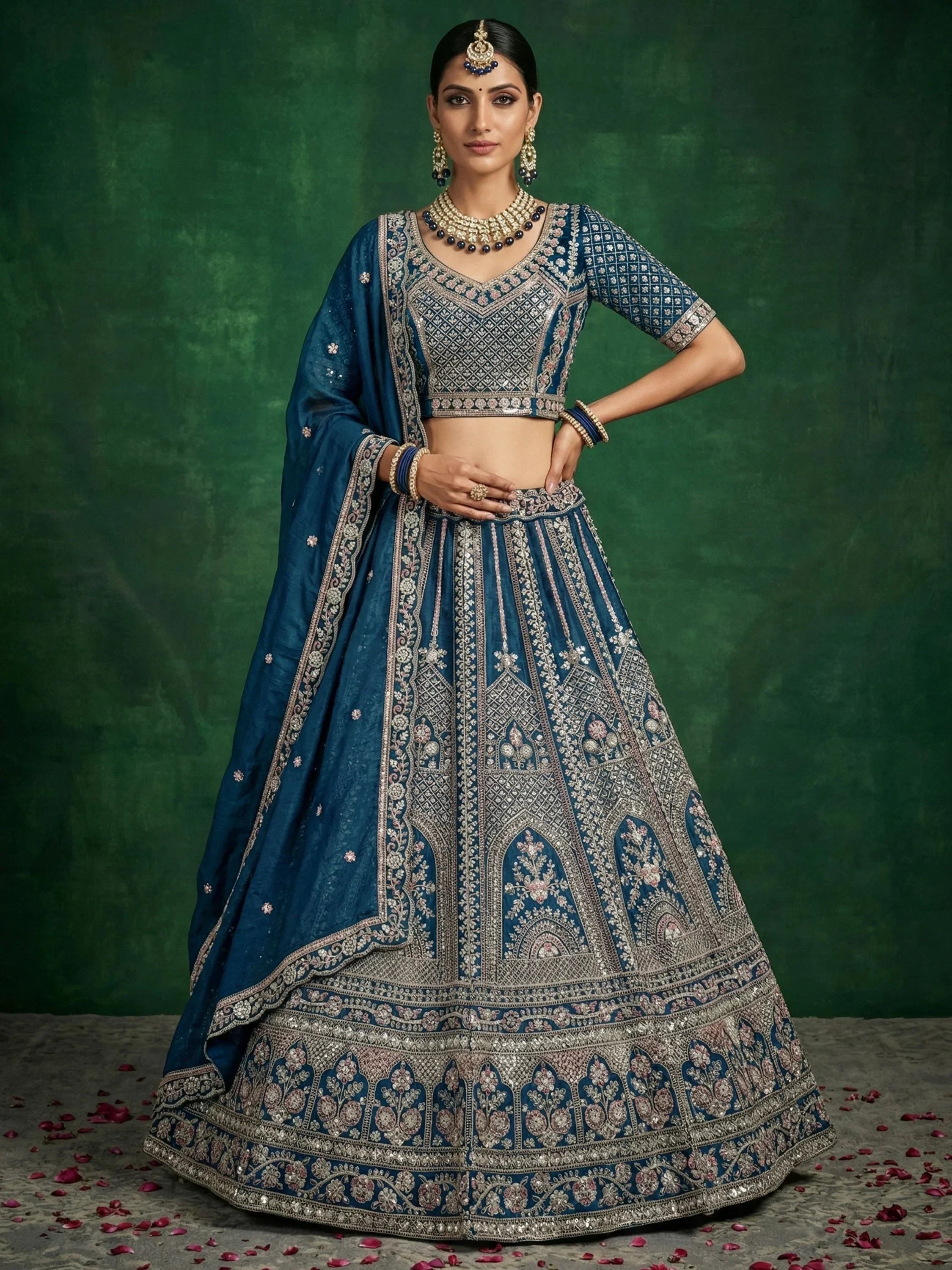 Blue Alluring Dori Embroidered Satin Bridal Lehenga Choli