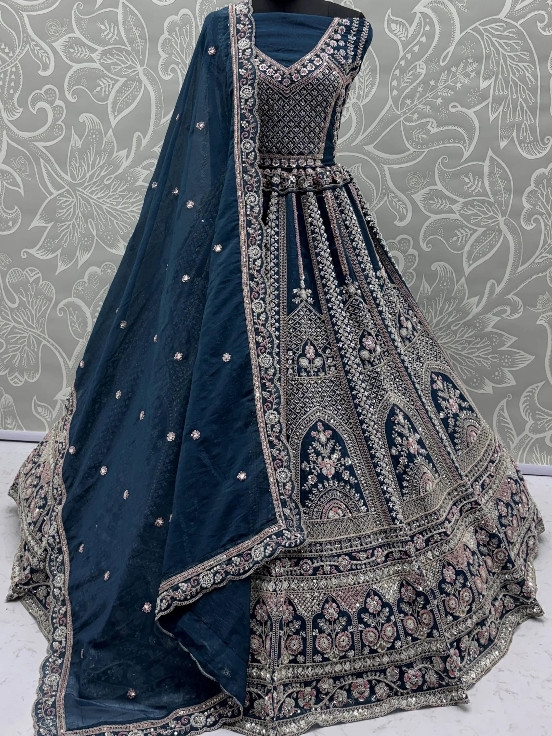 Blue Alluring Dori Embroidered Satin Bridal Lehenga Choli