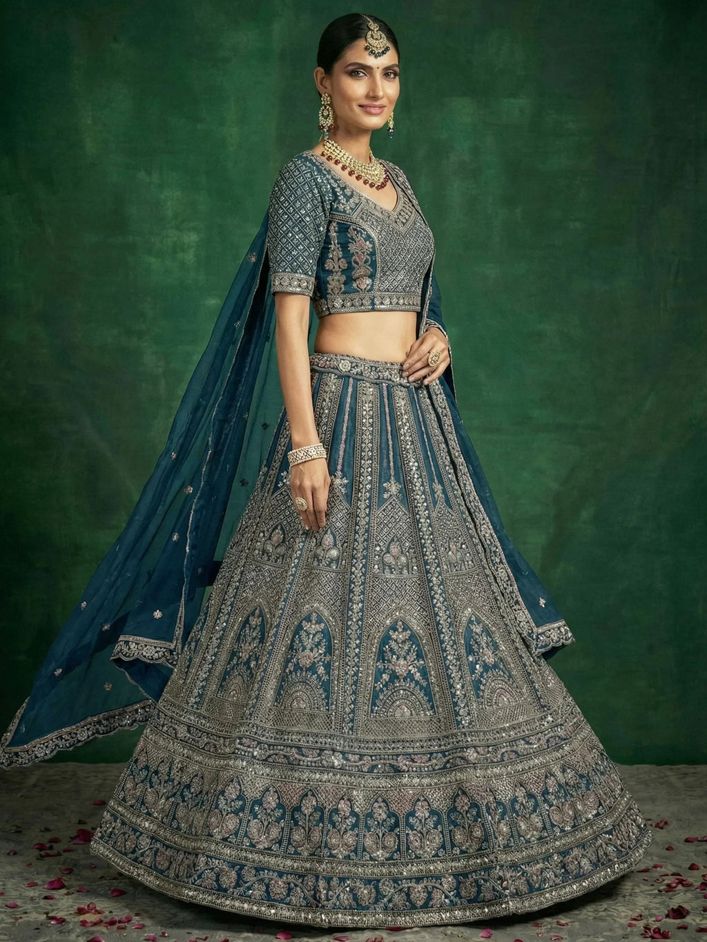 Blue Alluring Dori Embroidered Satin Bridal Lehenga Choli