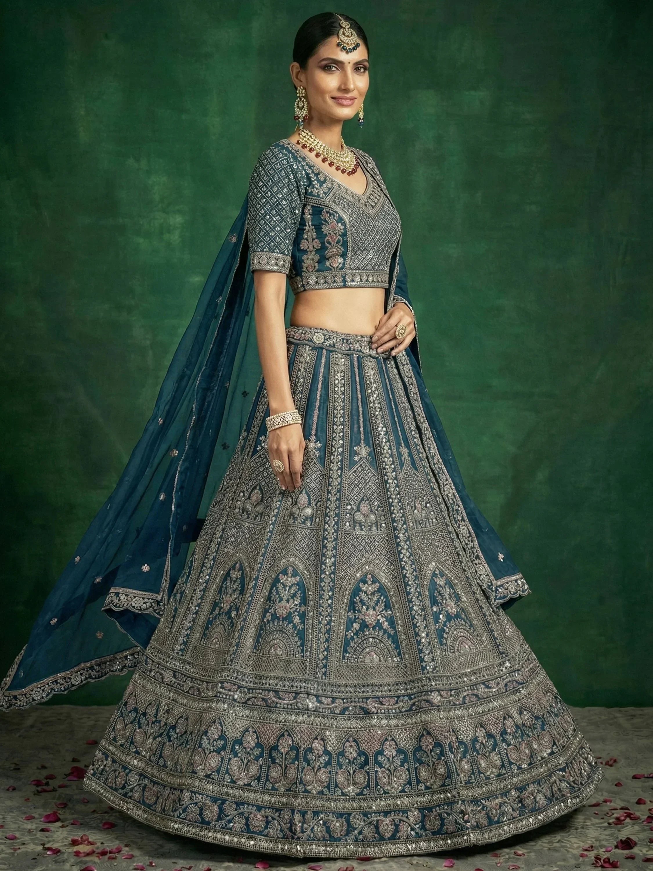 Blue Alluring Dori Embroidered Satin Bridal Lehenga Choli