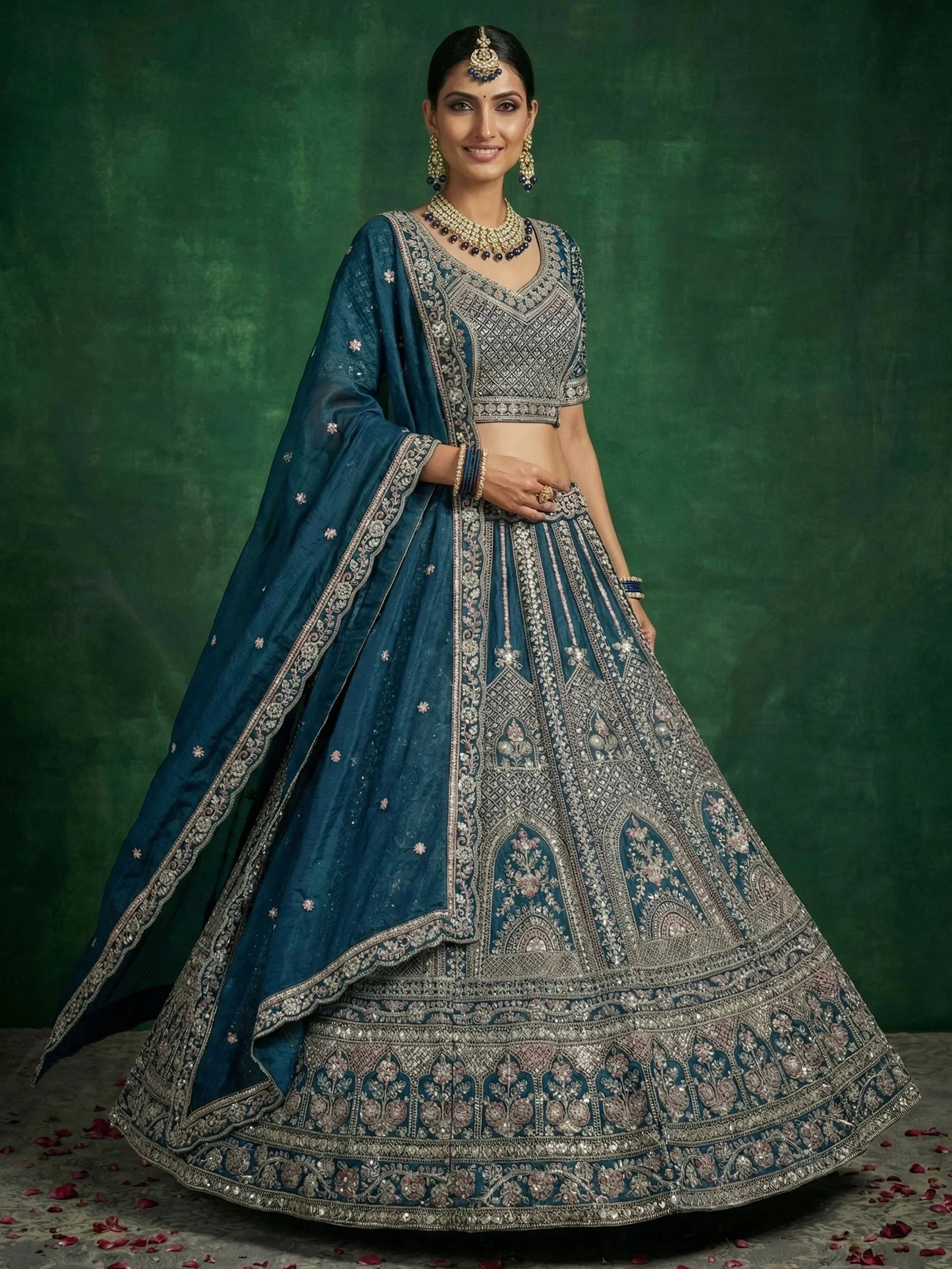 Blue Alluring Dori Embroidered Satin Bridal Lehenga Choli