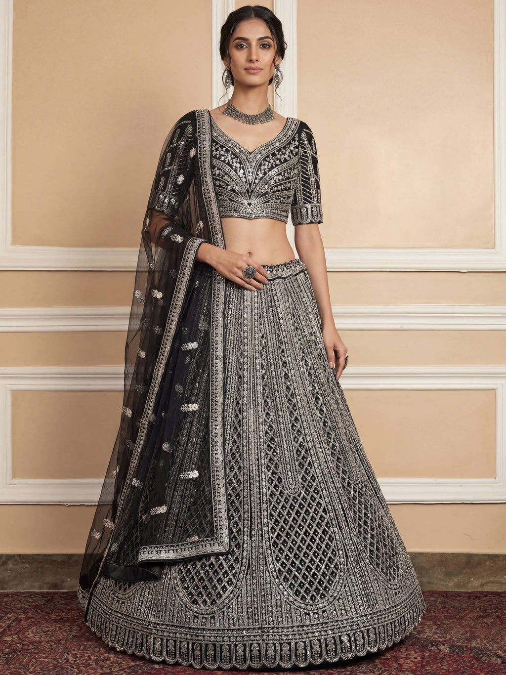 Black Glamorous Sequins Embroidered Net Wedding Wear Lehenga Choli