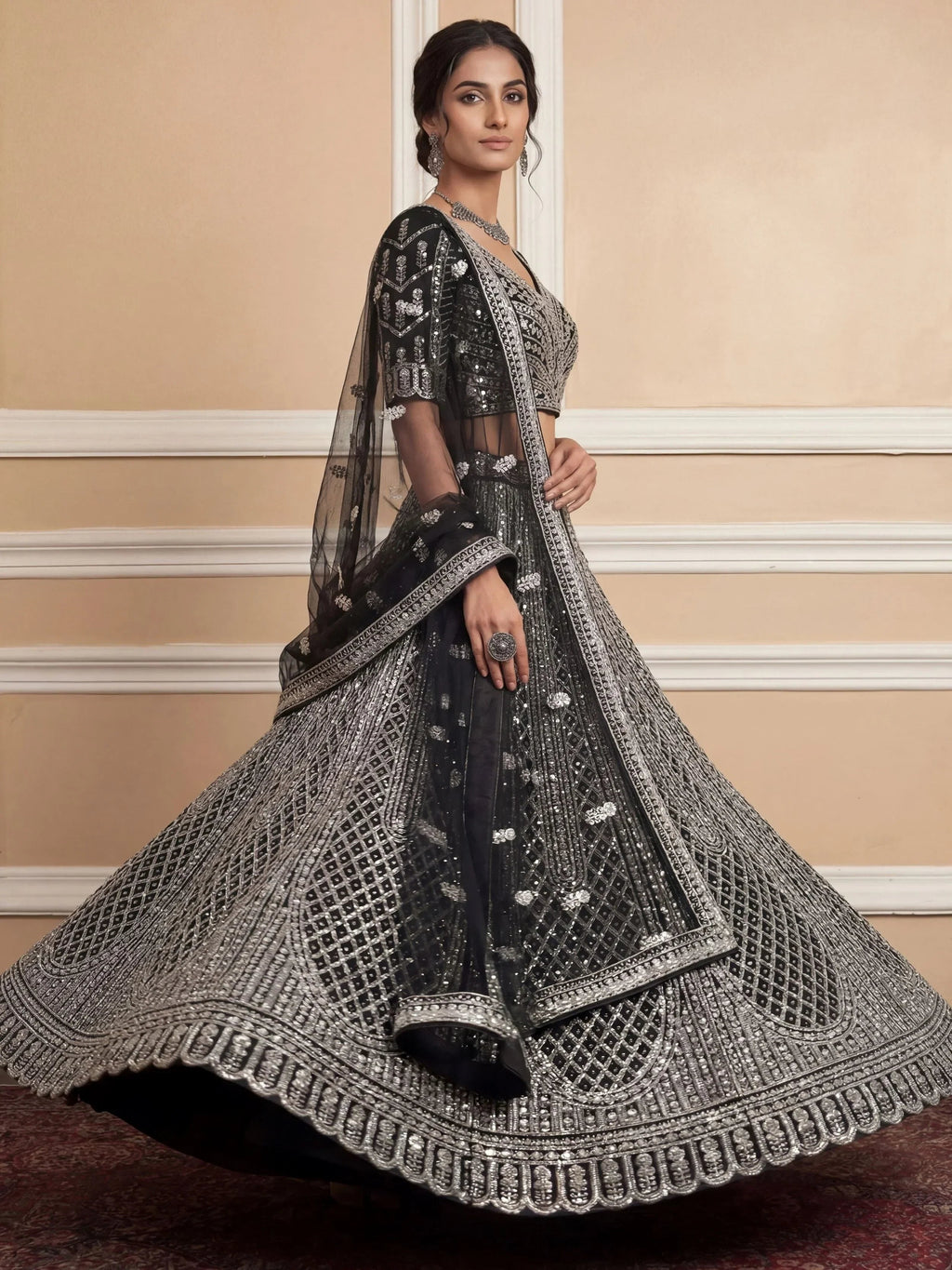 Black Glamorous Sequins Embroidered Net Wedding Wear Lehenga Choli