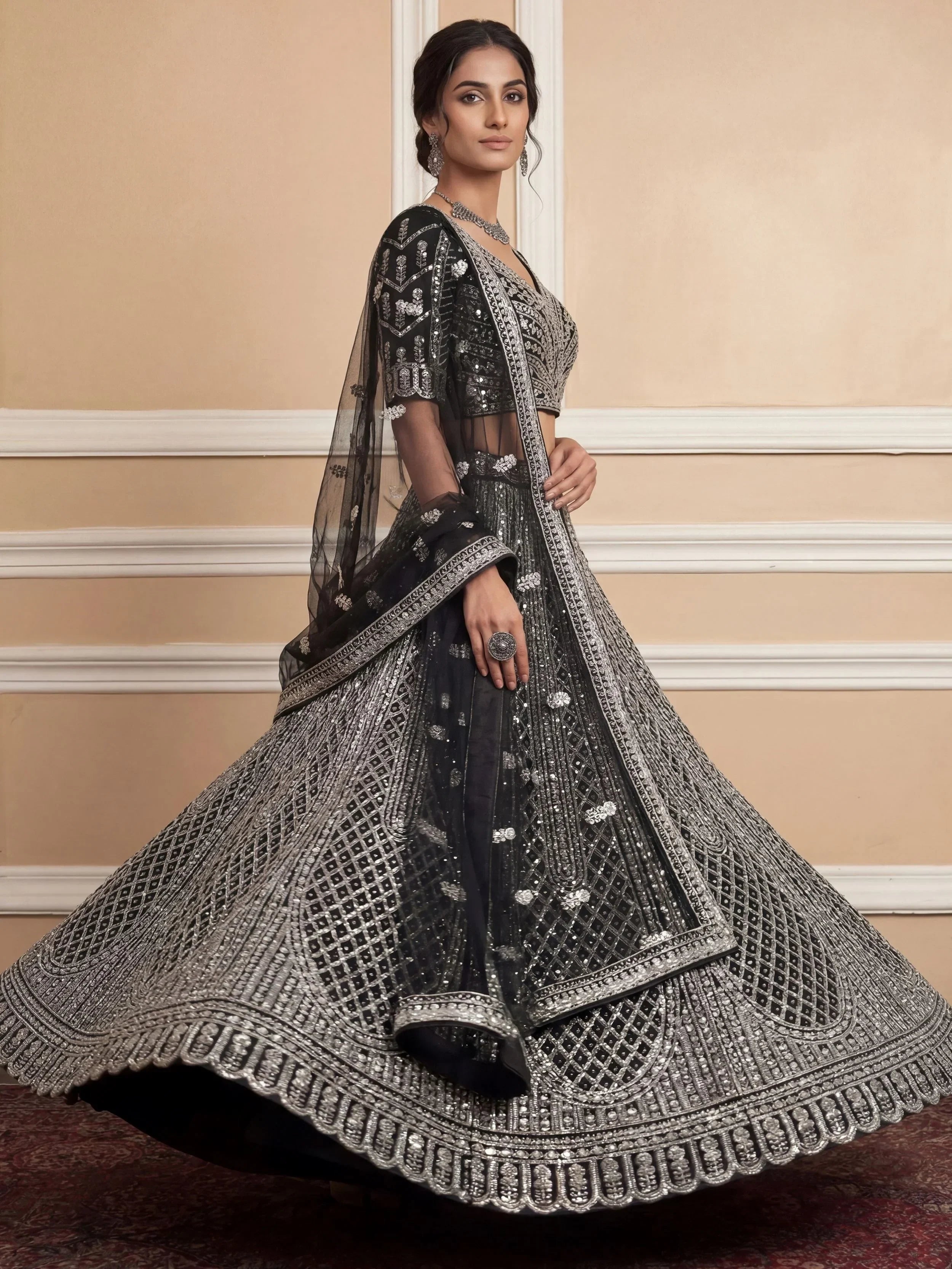 Black Glamorous Sequins Embroidered Net Wedding Wear Lehenga Choli
