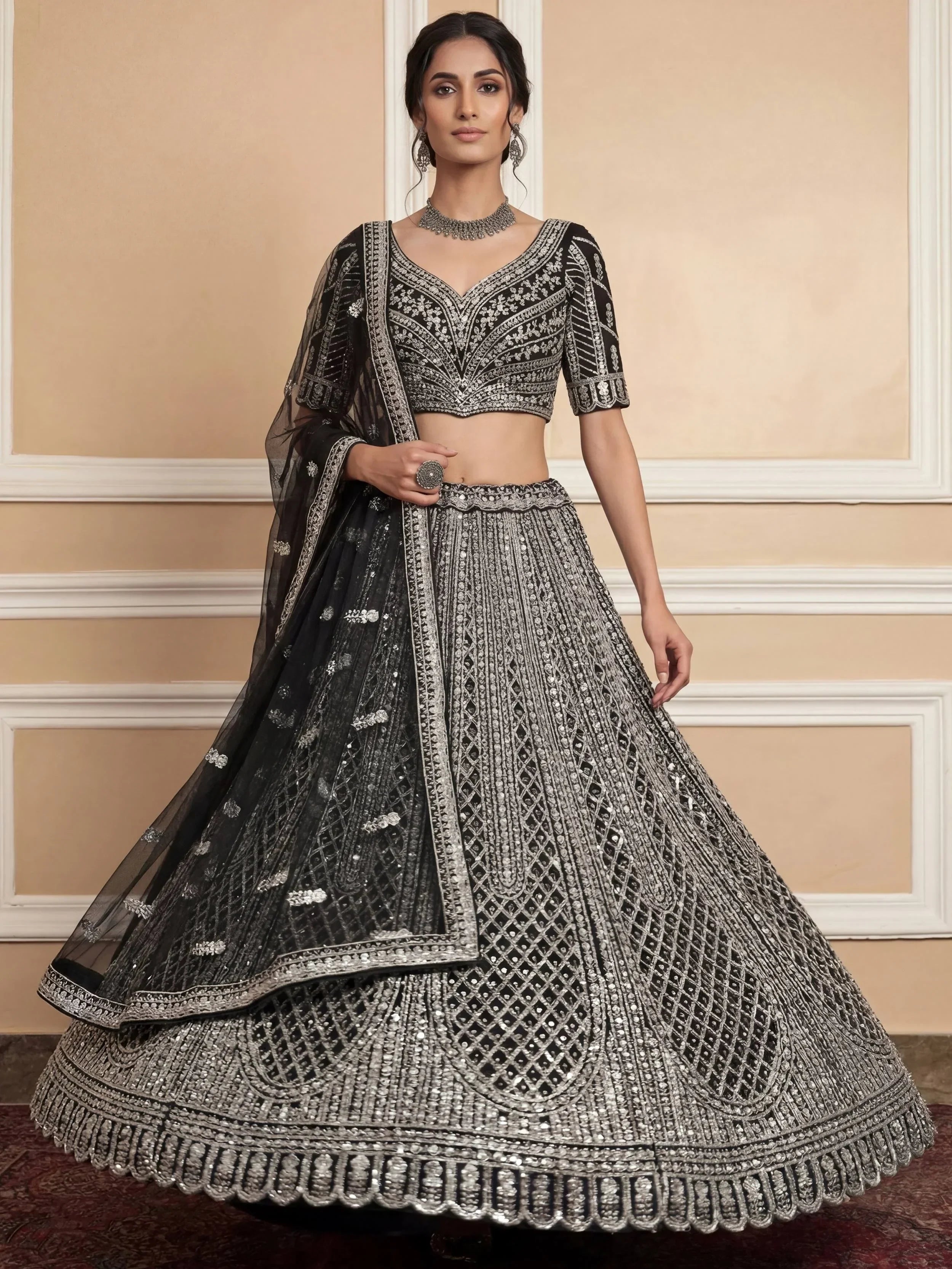 Black Glamorous Sequins Embroidered Net Wedding Wear Lehenga Choli