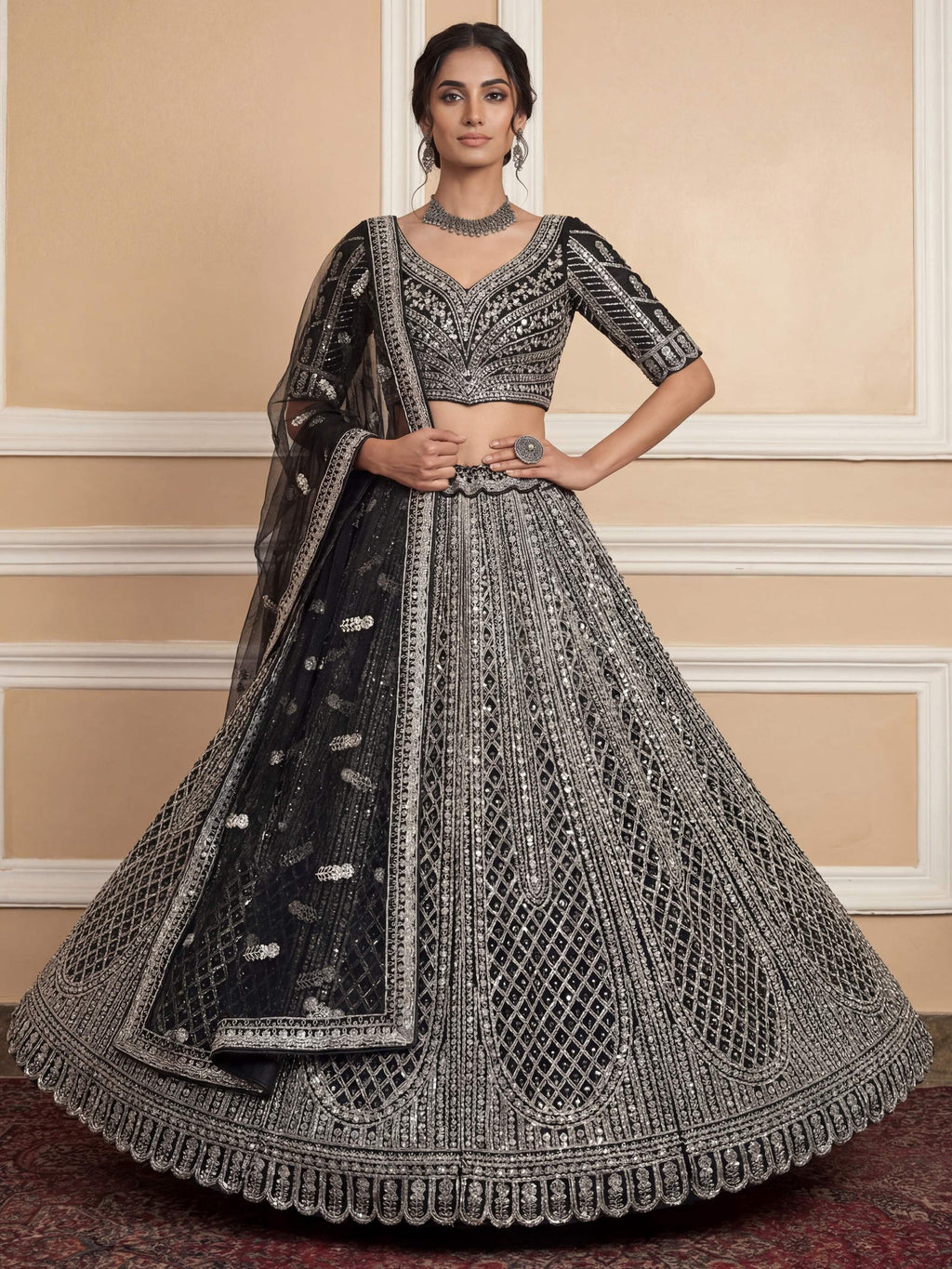 Black Glamorous Sequins Embroidered Net Wedding Wear Lehenga Choli