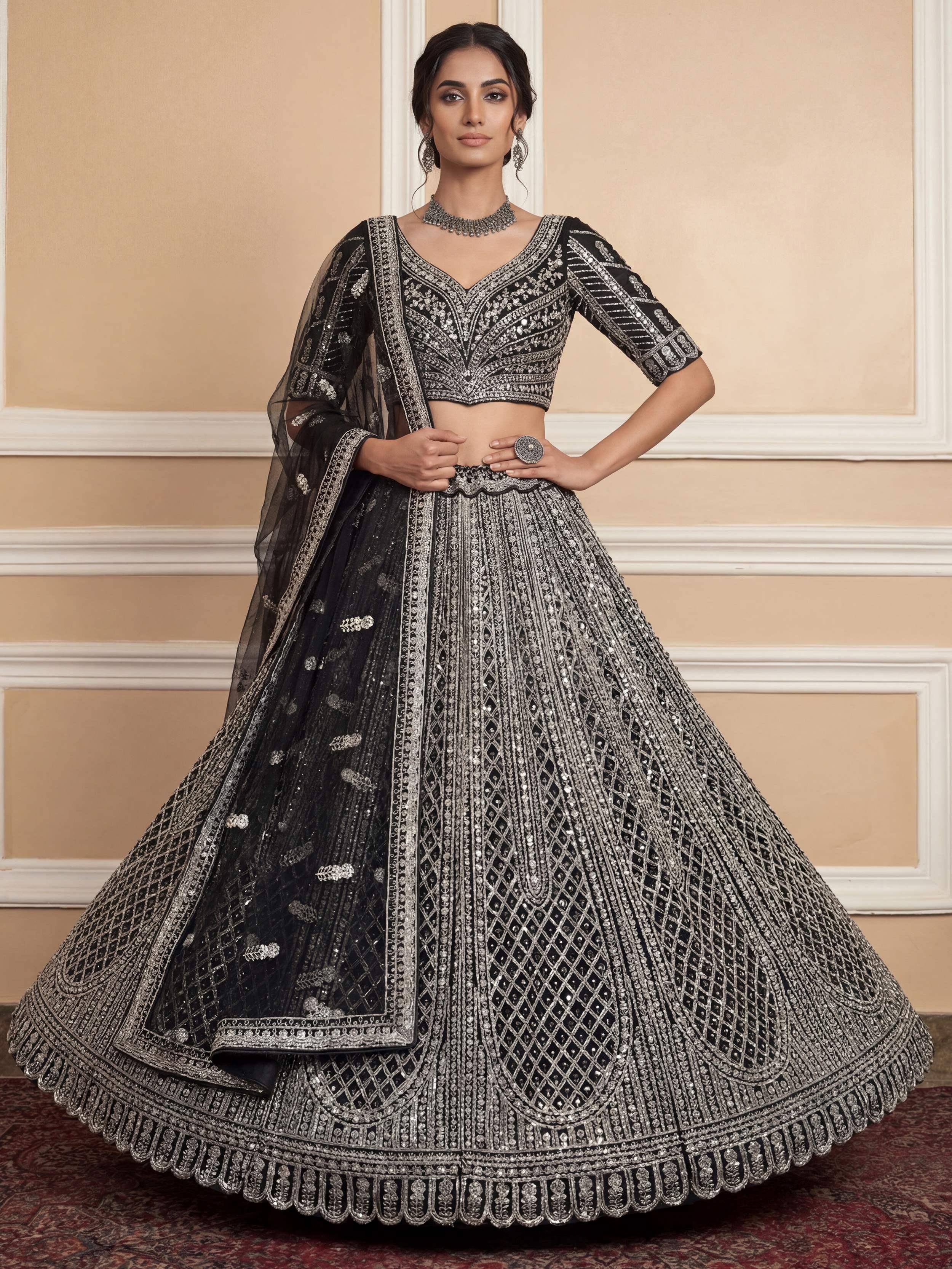 Black Glamorous Sequins Embroidered Net Wedding Wear Lehenga Choli