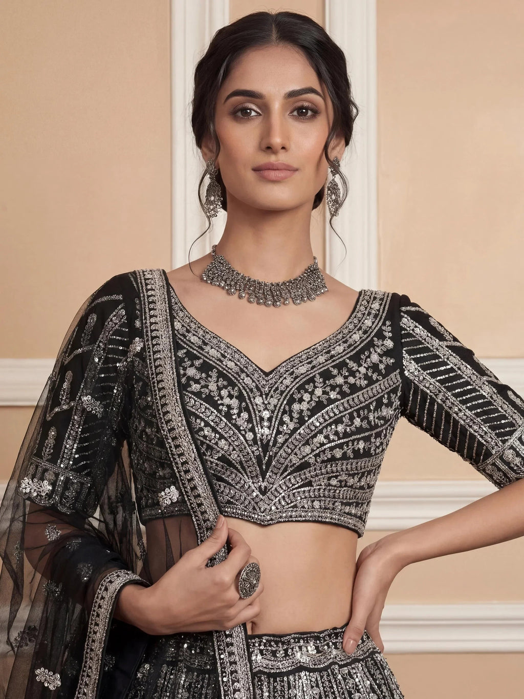 Black Glamorous Sequins Embroidered Net Wedding Wear Lehenga Choli