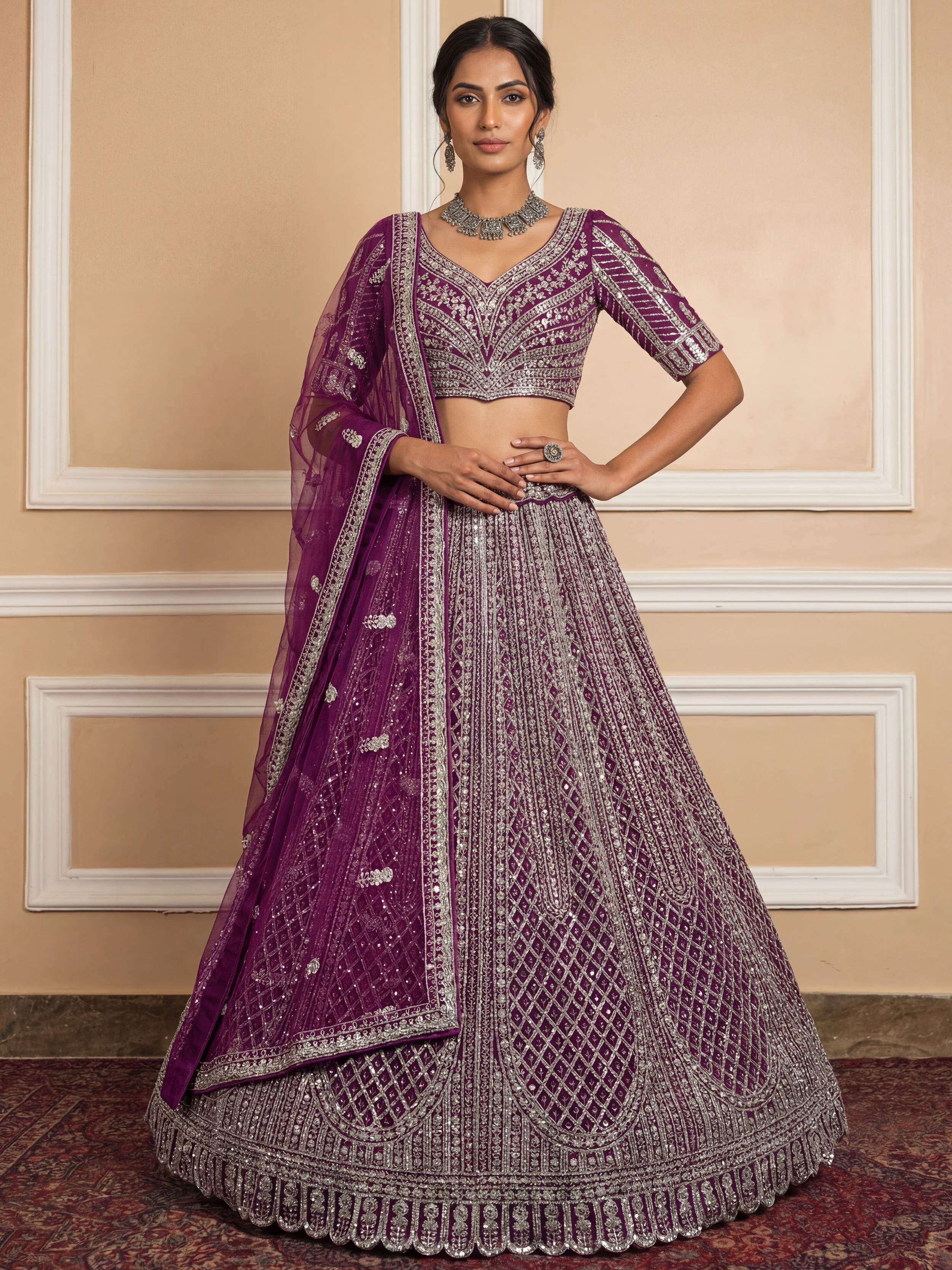 Wine Glamorous Sequins Embroidered Net Wedding Wear Lehenga Choli