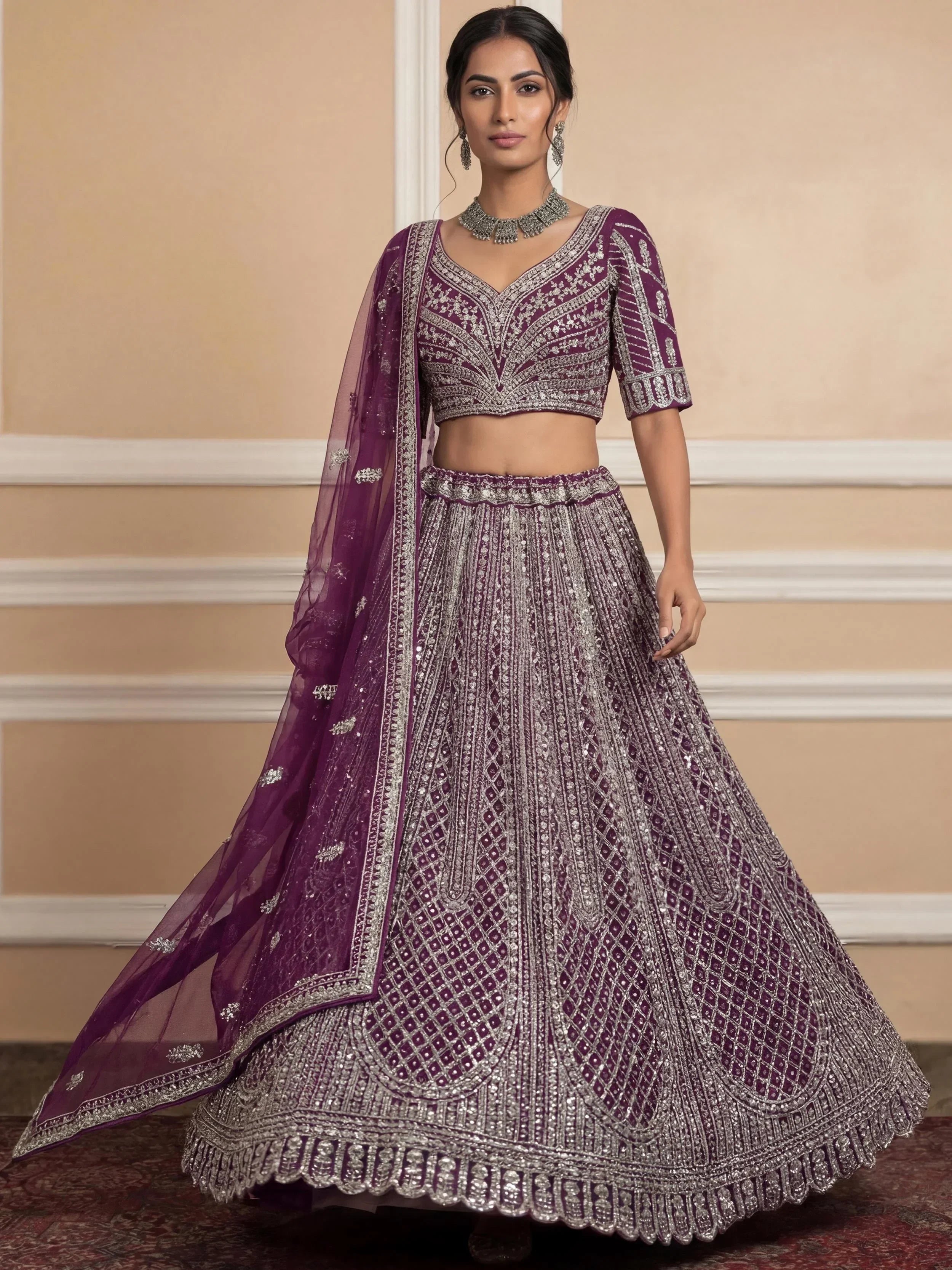 Wine Glamorous Sequins Embroidered Net Wedding Wear Lehenga Choli