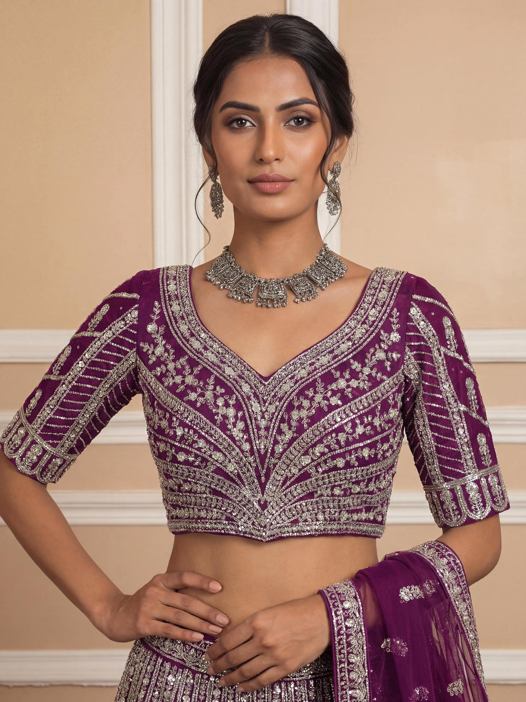 Wine Glamorous Sequins Embroidered Net Wedding Wear Lehenga Choli