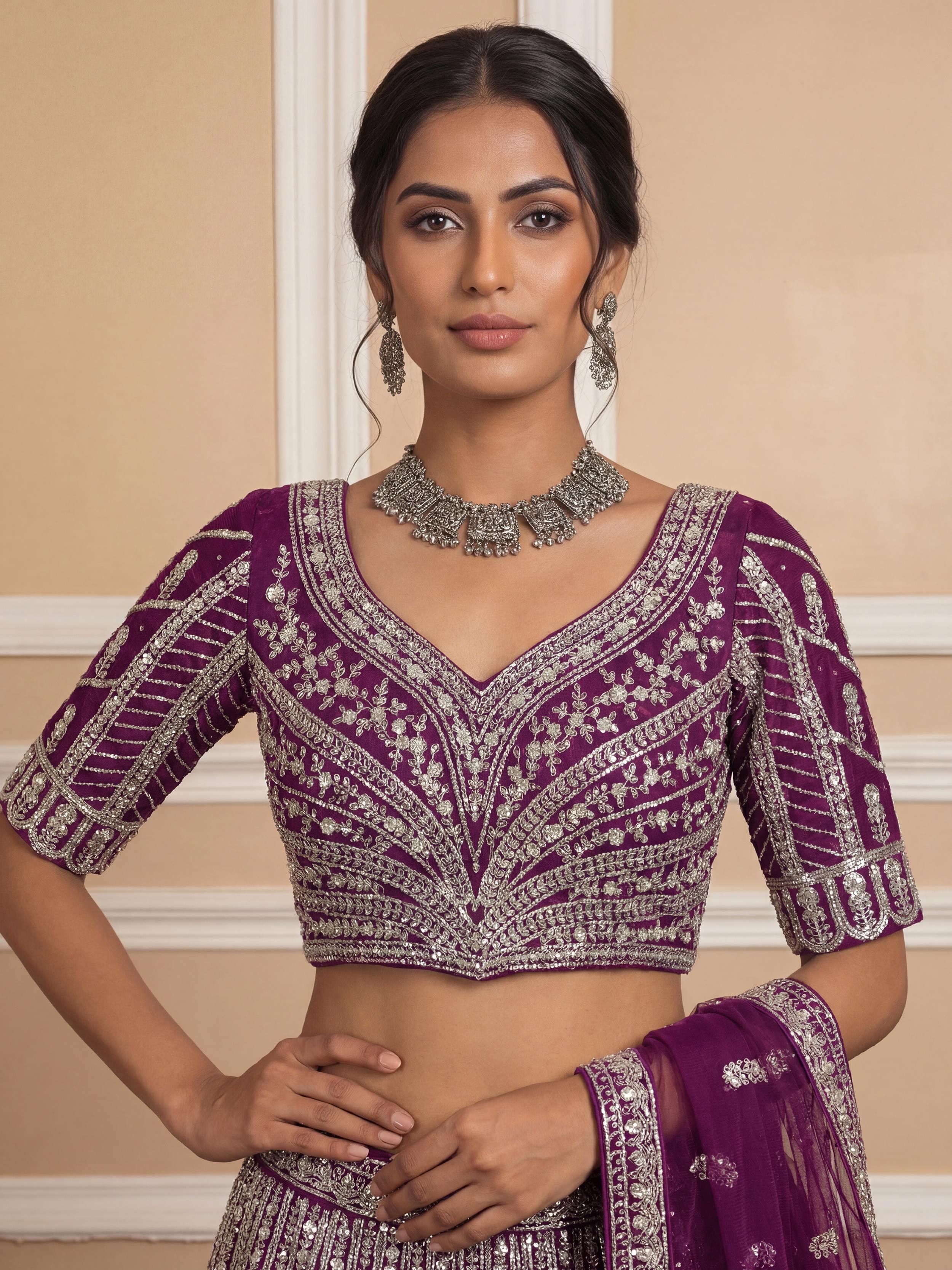 Wine Glamorous Sequins Embroidered Net Wedding Wear Lehenga Choli