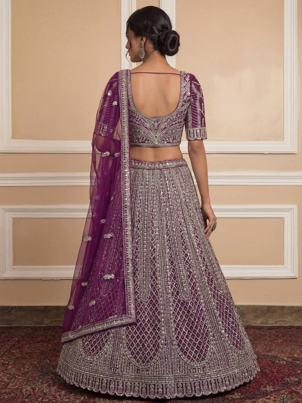 Wine Glamorous Sequins Embroidered Net Wedding Wear Lehenga Choli