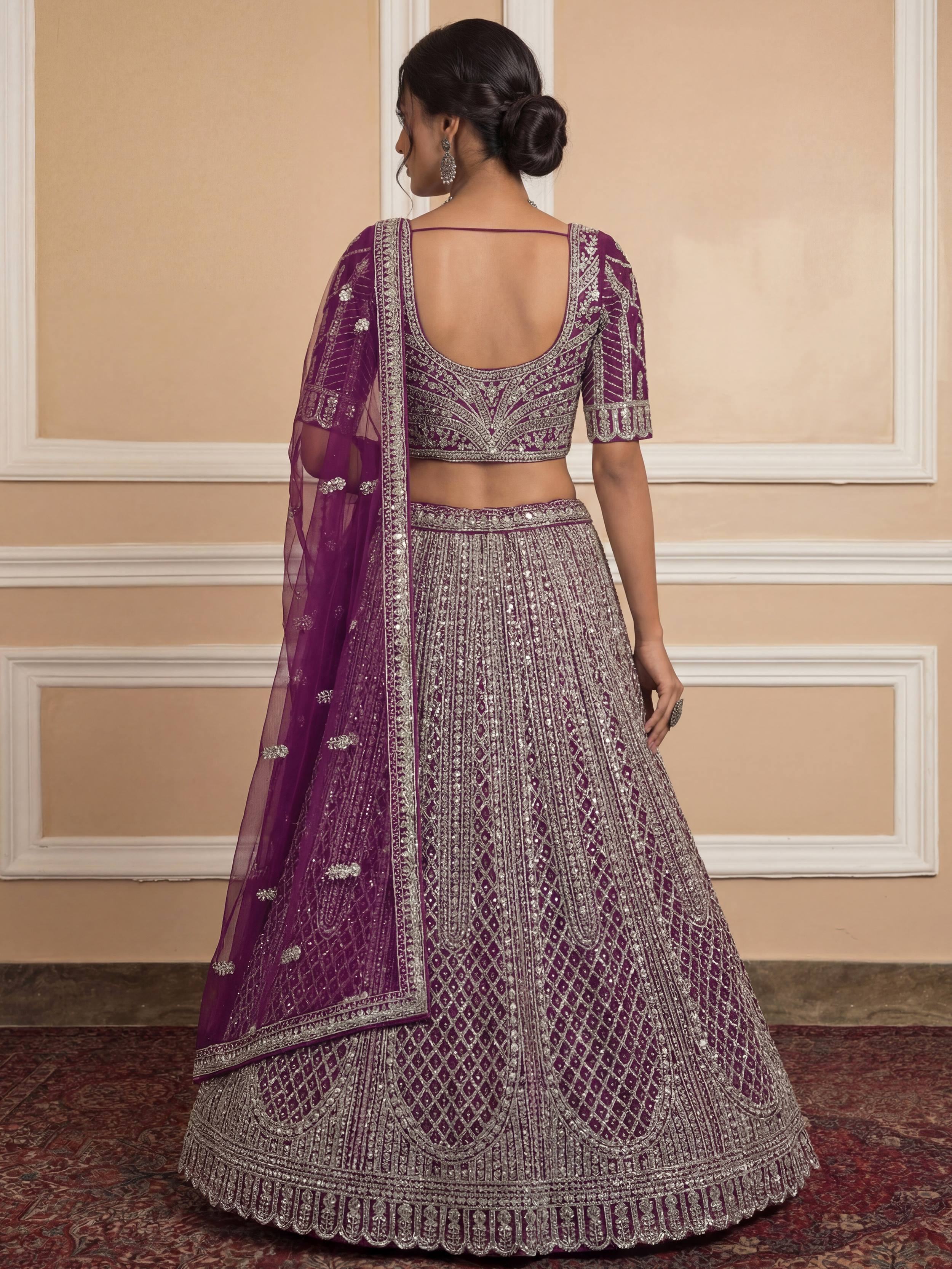 Wine Glamorous Sequins Embroidered Net Wedding Wear Lehenga Choli