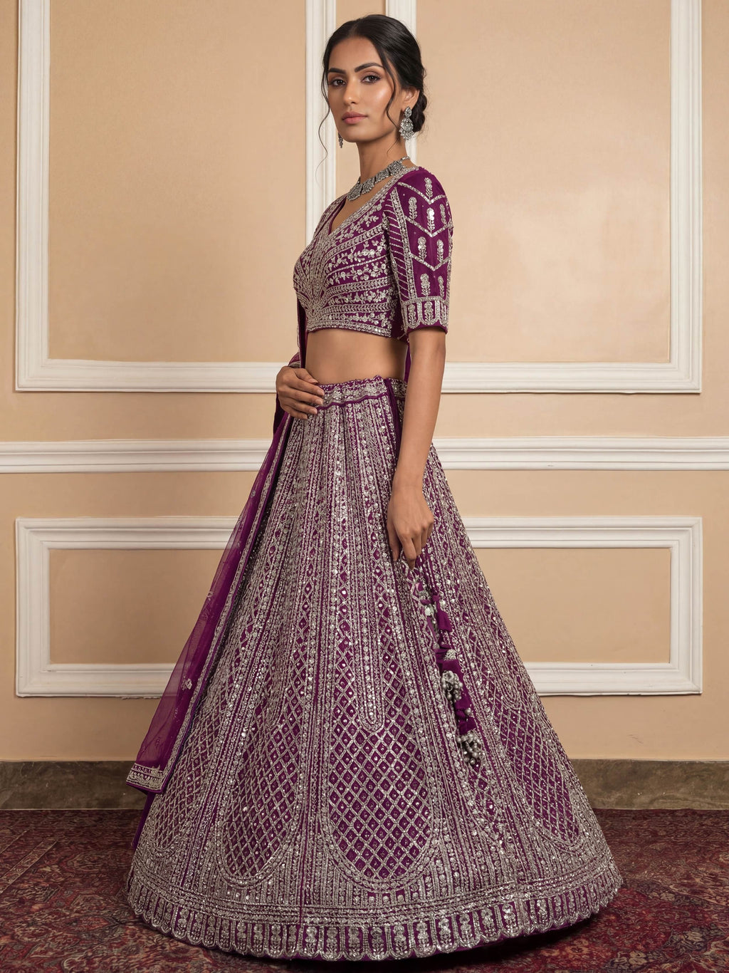 Wine Glamorous Sequins Embroidered Net Wedding Wear Lehenga Choli