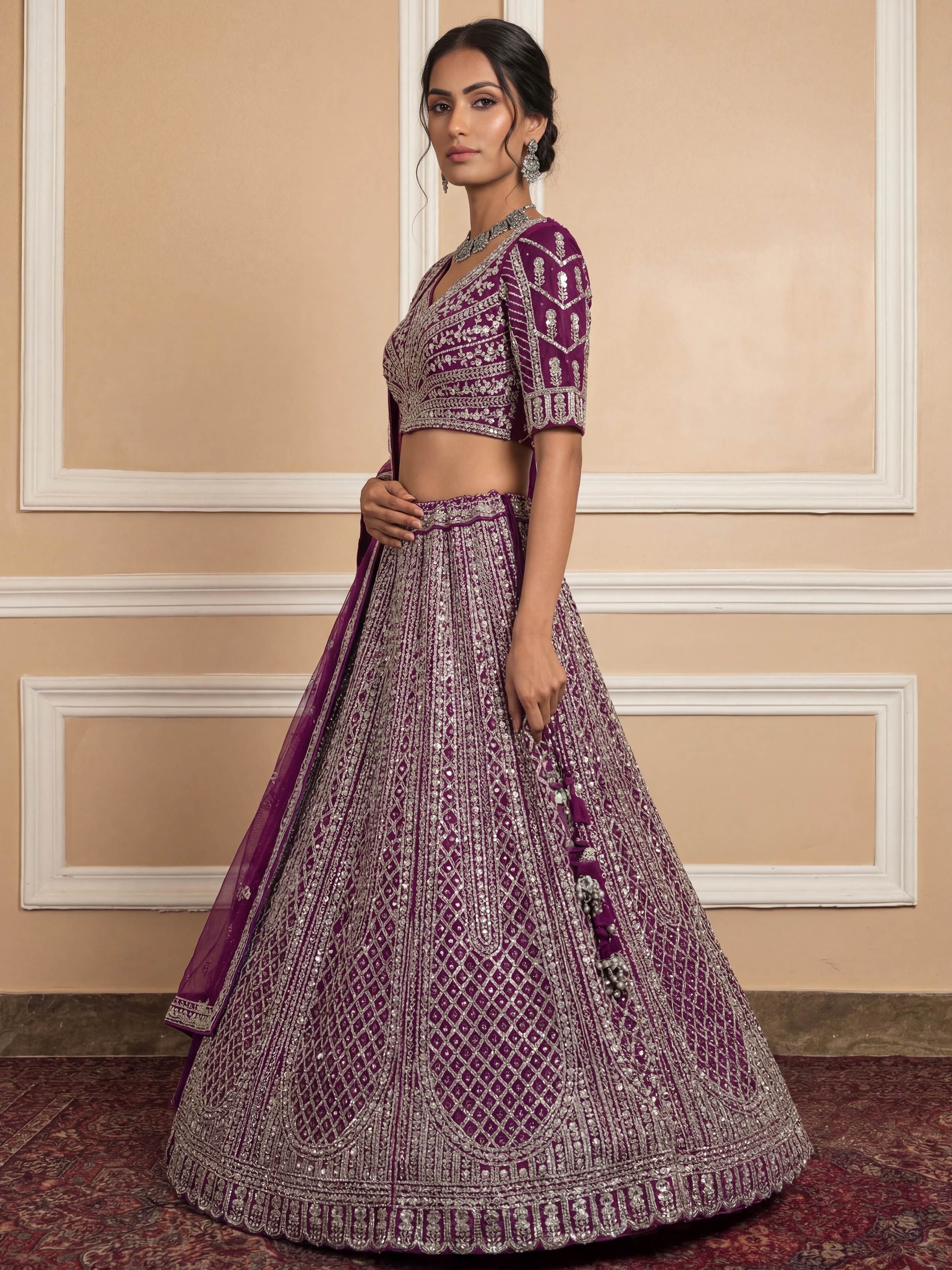 Wine Glamorous Sequins Embroidered Net Wedding Wear Lehenga Choli
