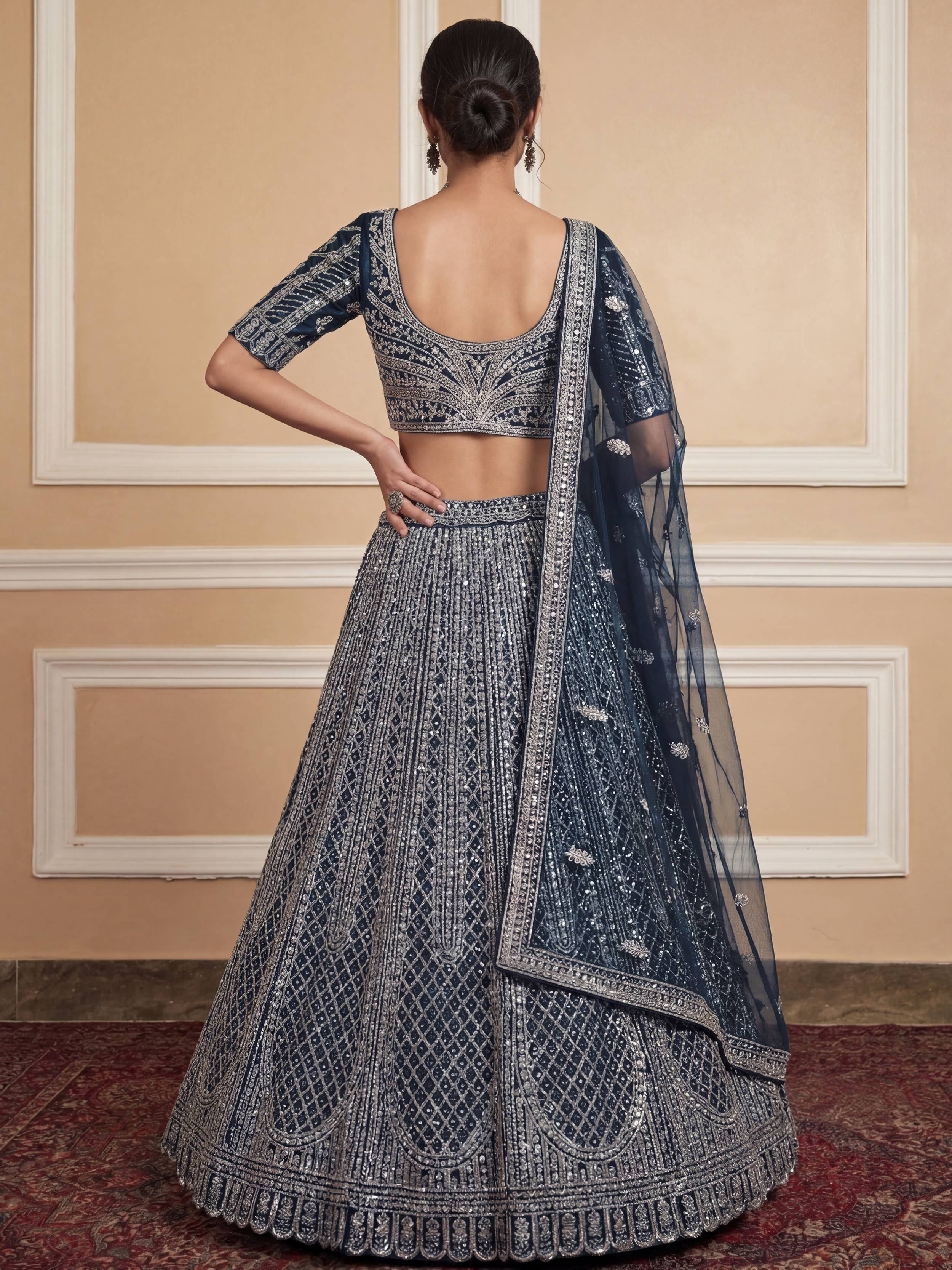 Blue Glamorous Sequins Embroidered Net Wedding Wear Lehenga Choli
