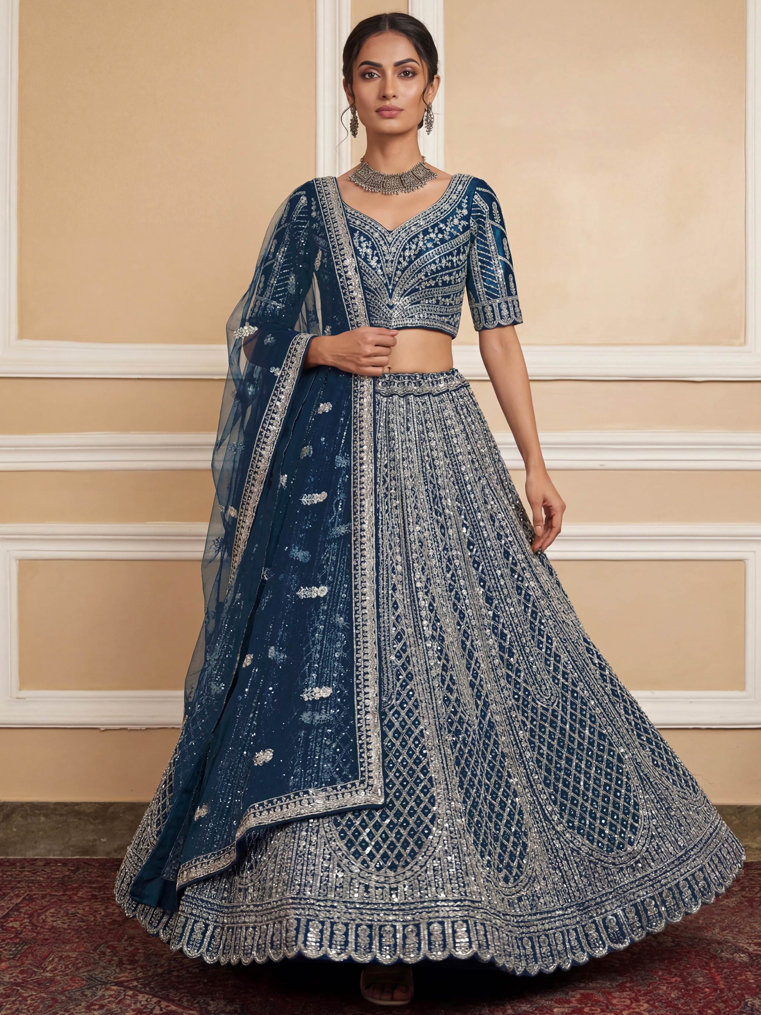 Blue Glamorous Sequins Embroidered Net Wedding Wear Lehenga Choli