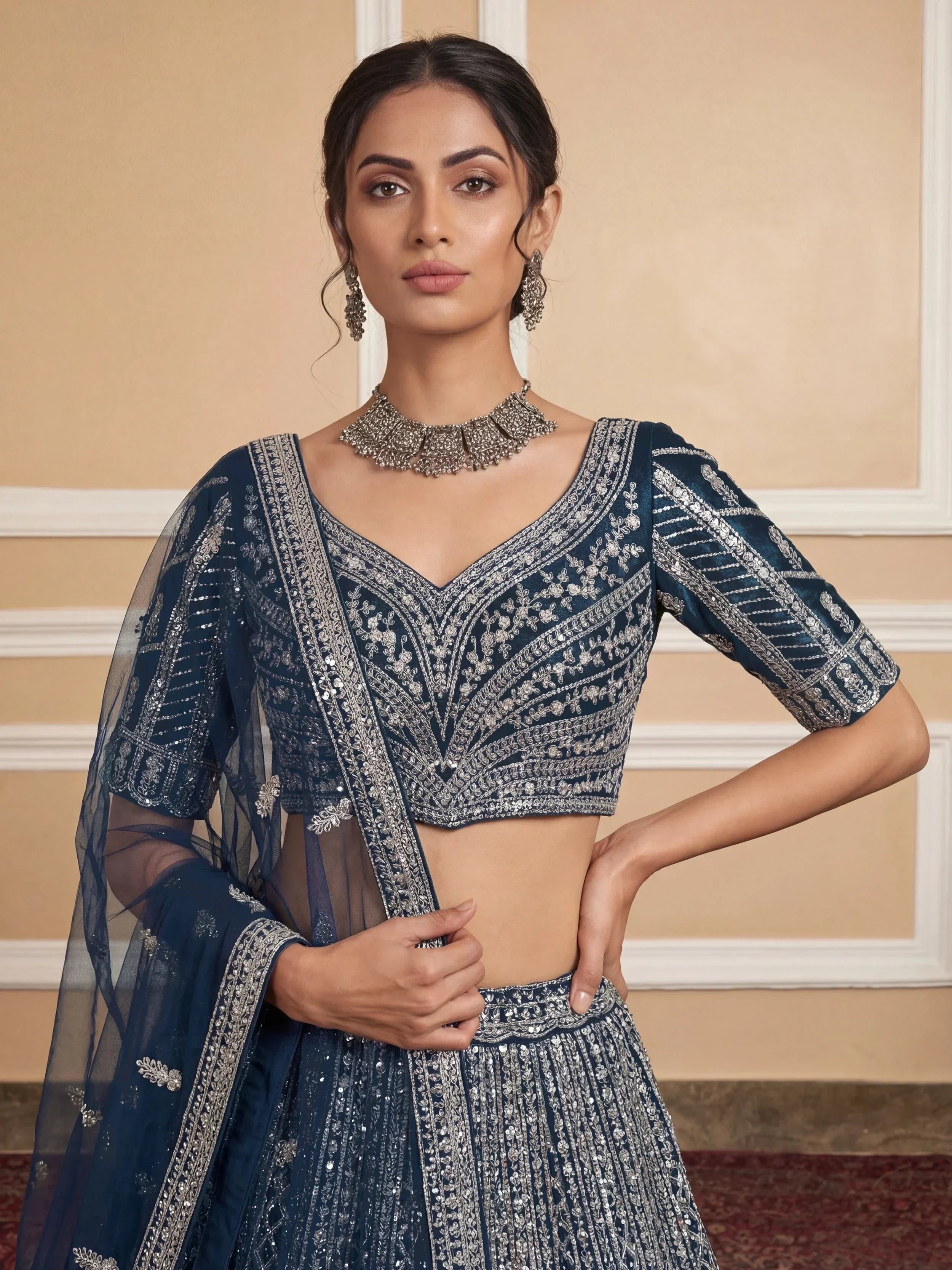Blue Glamorous Sequins Embroidered Net Wedding Wear Lehenga Choli