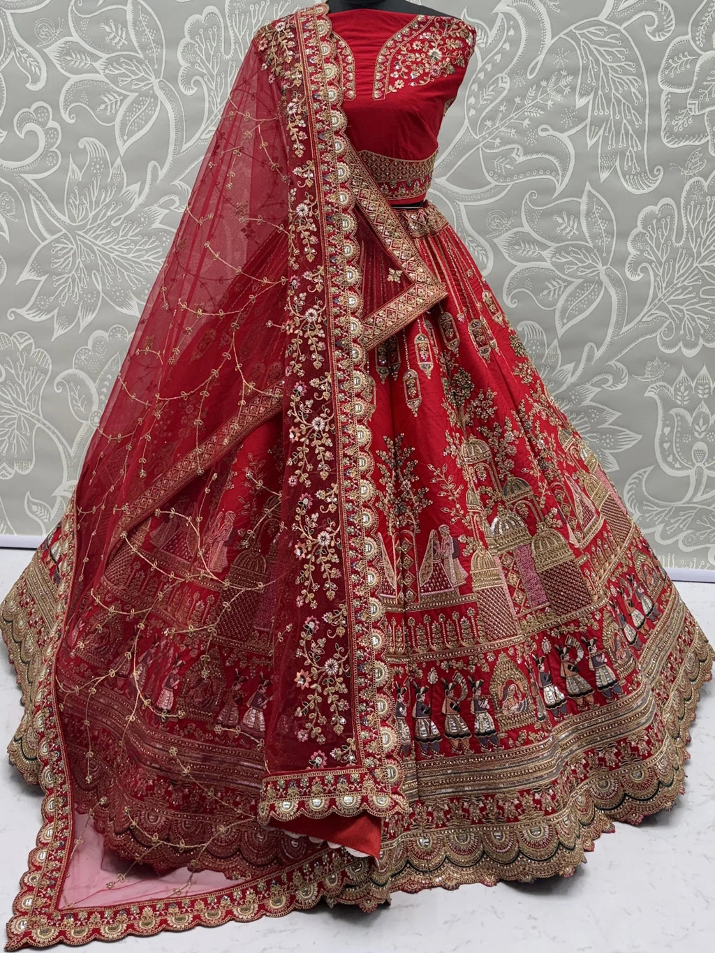 Red Graceful Embroidered Silk Bridal Lehenga Choli With Double Dupatta