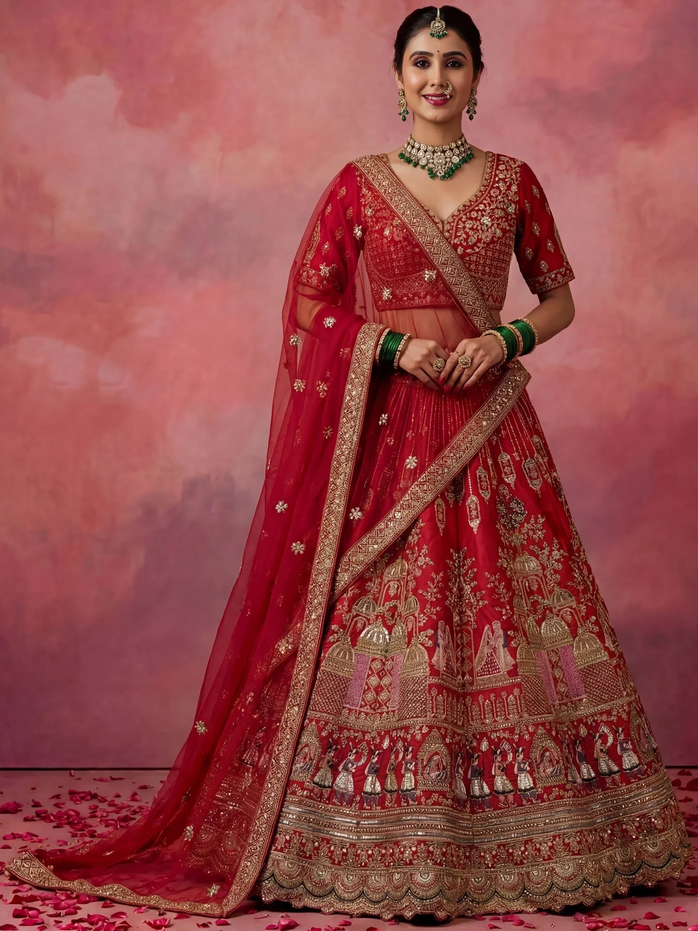 Red Graceful Embroidered Silk Bridal Lehenga Choli With Double Dupatta