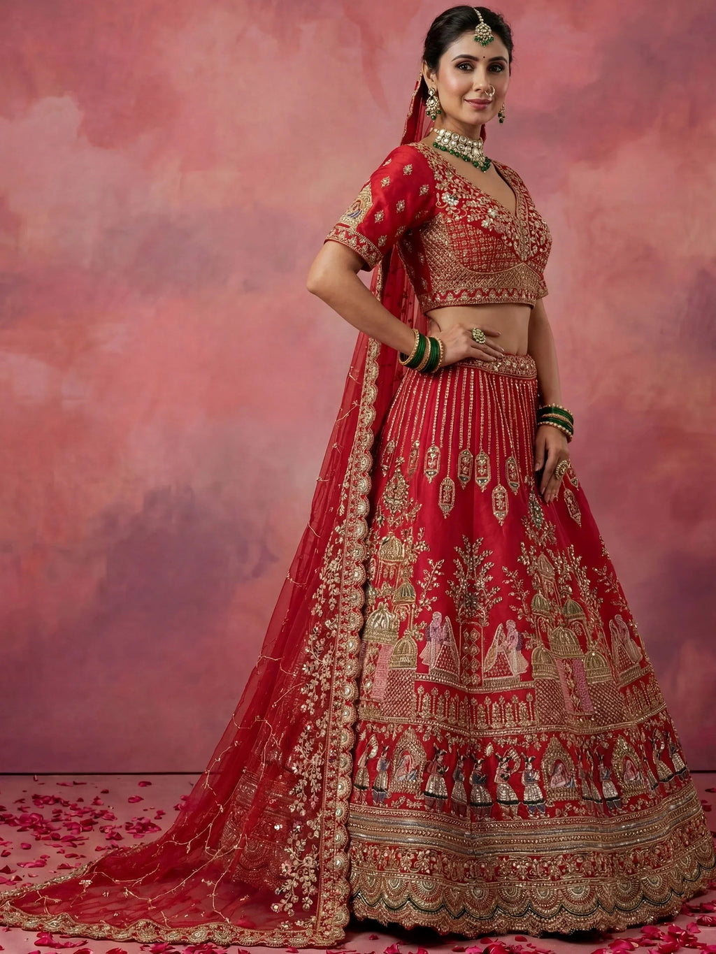 Red Graceful Embroidered Silk Bridal Lehenga Choli With Double Dupatta