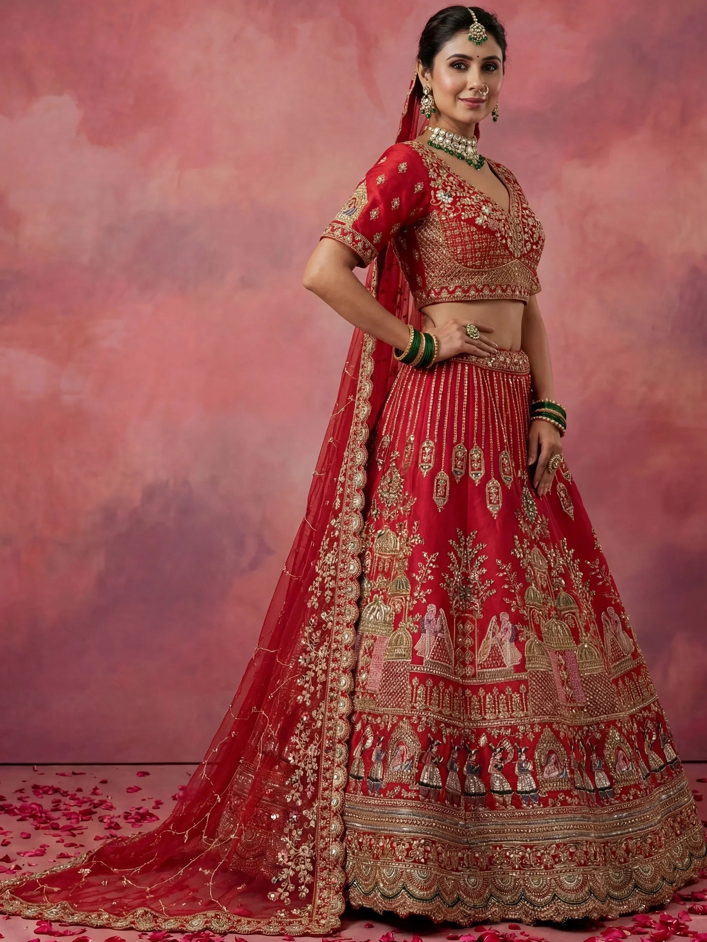 Red Graceful Embroidered Silk Bridal Lehenga Choli With Double Dupatta